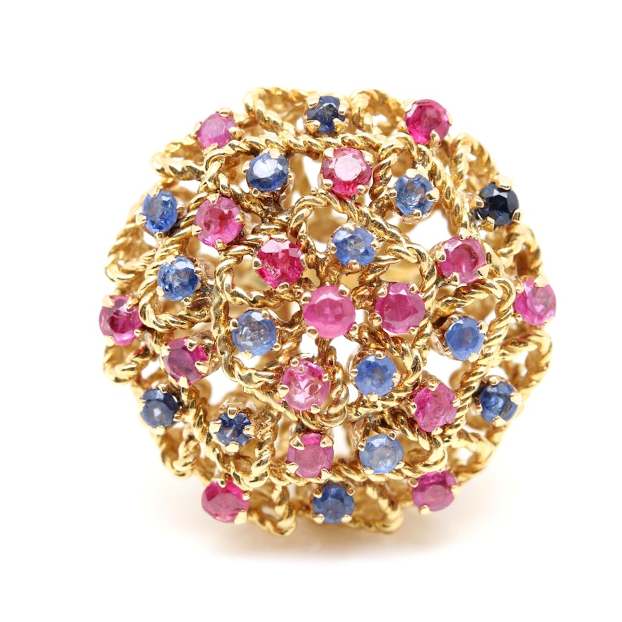 18K Yellow Gold Ruby and Blue Sapphire Ring