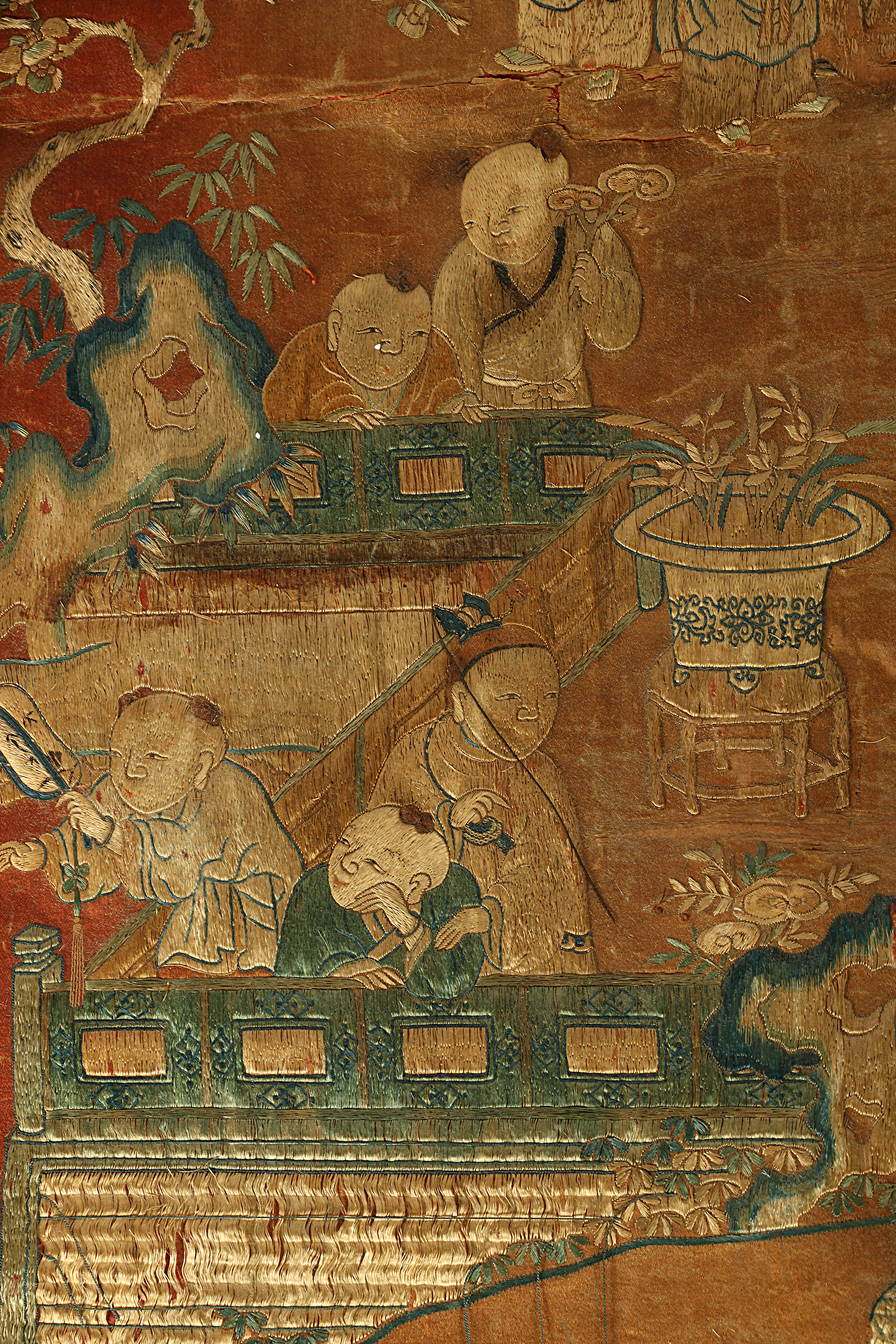 Monumental Qianlong Period Baizitu Hundred Boys Embroidered Tapestry