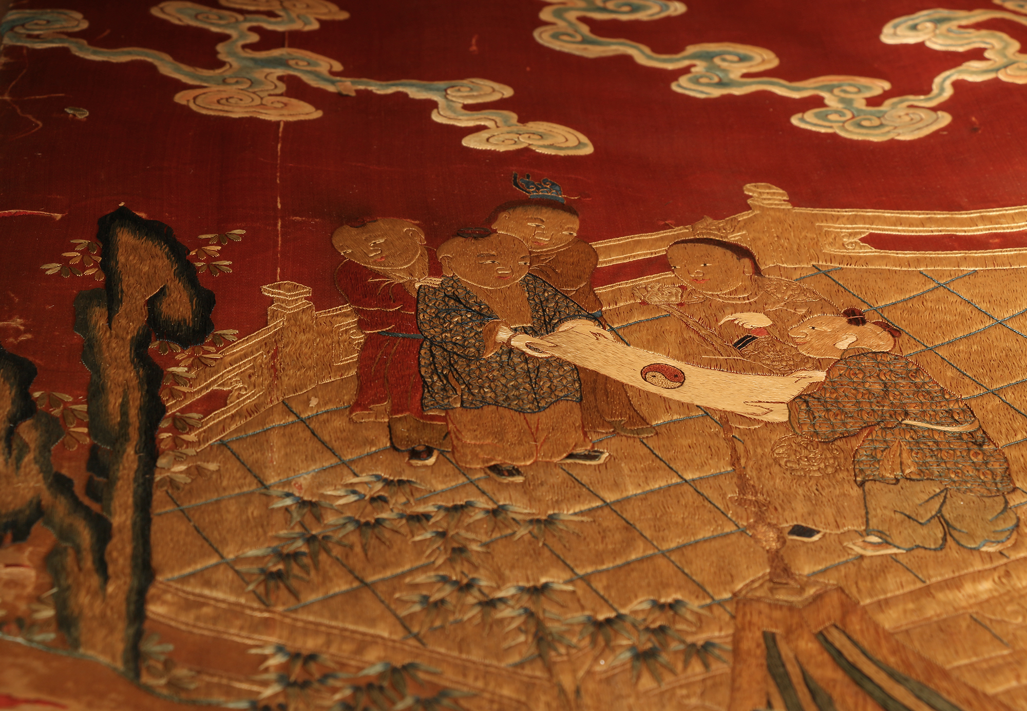 Monumental Qianlong Period Baizitu Hundred Boys Embroidered Tapestry