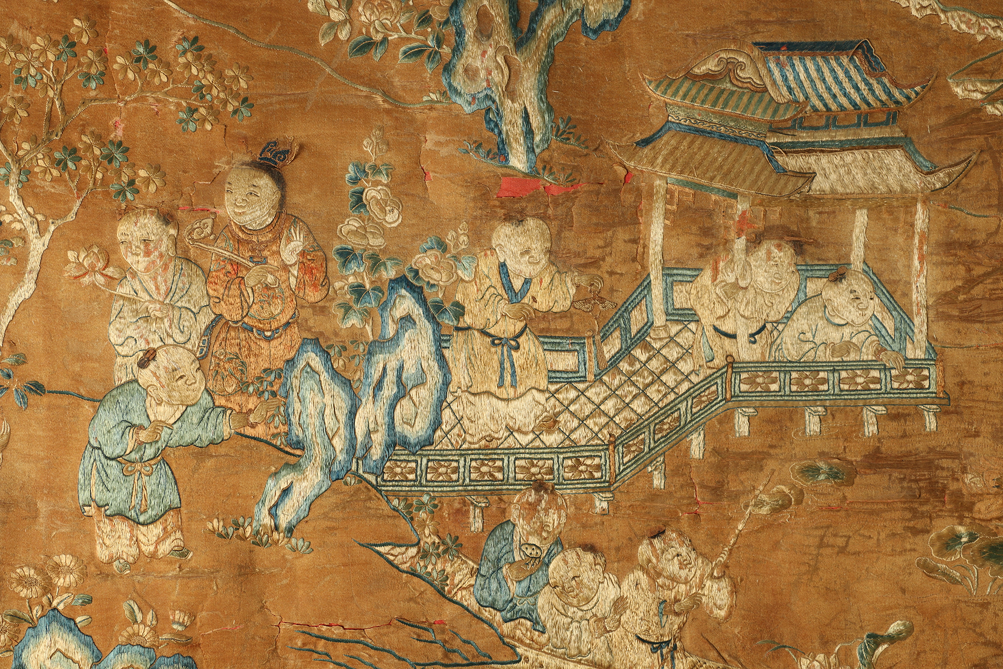 Monumental Qianlong Period Baizitu Hundred Boys Embroidered Tapestry