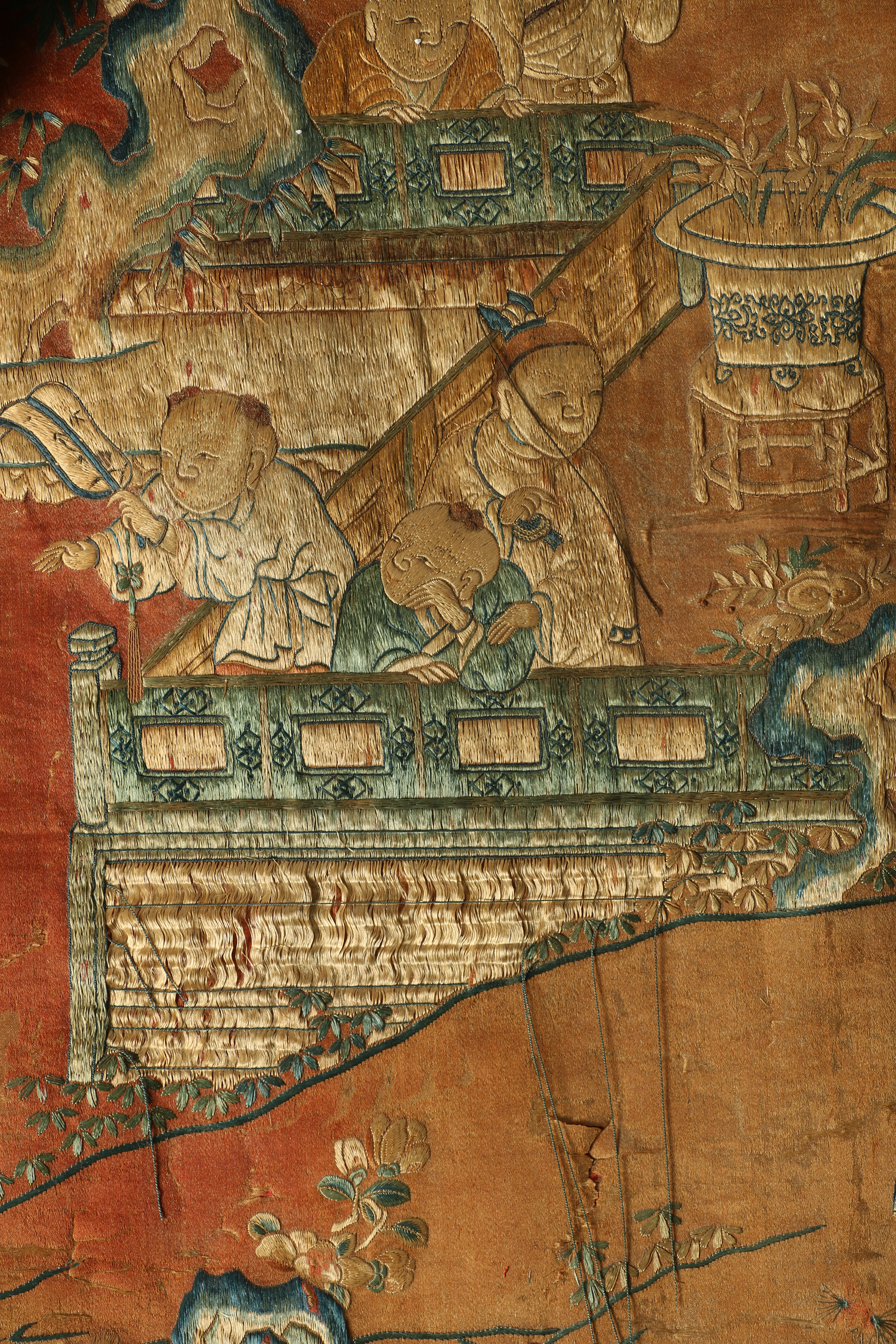 Monumental Qianlong Period Baizitu Hundred Boys Embroidered Tapestry