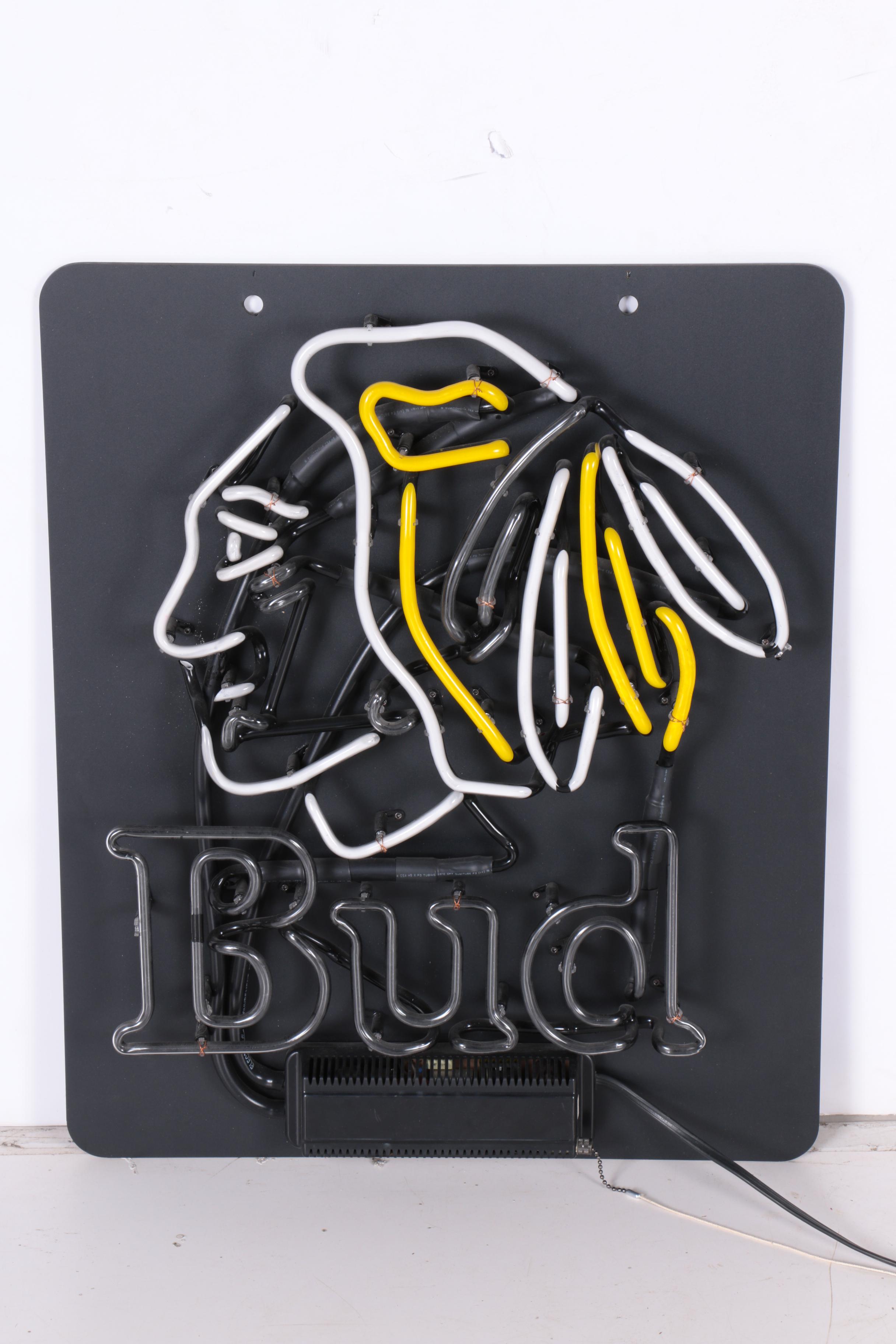 Neon Budweiser Sign and Chicago White Sox Footstool