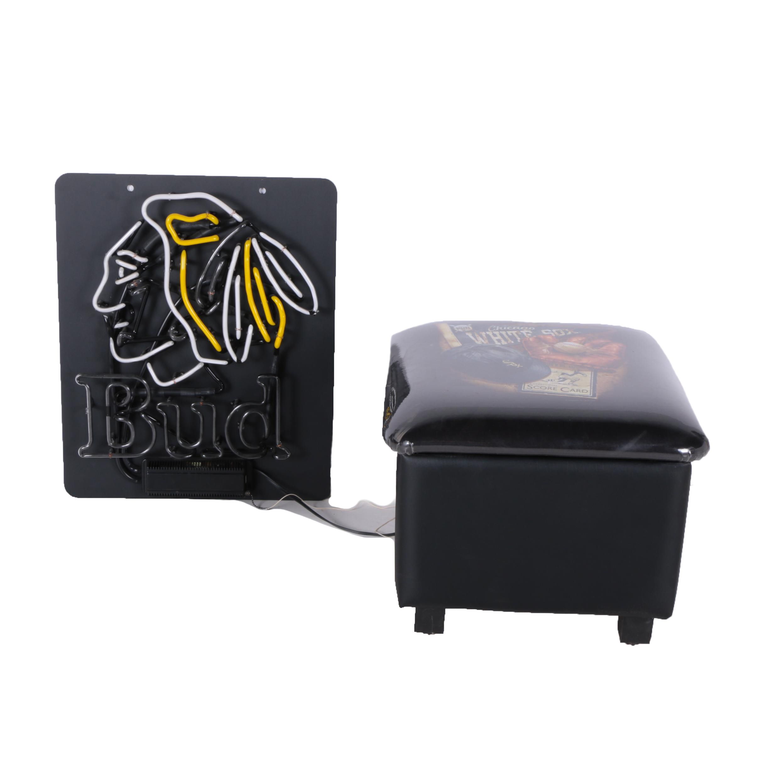 Neon Budweiser Sign and Chicago White Sox Footstool