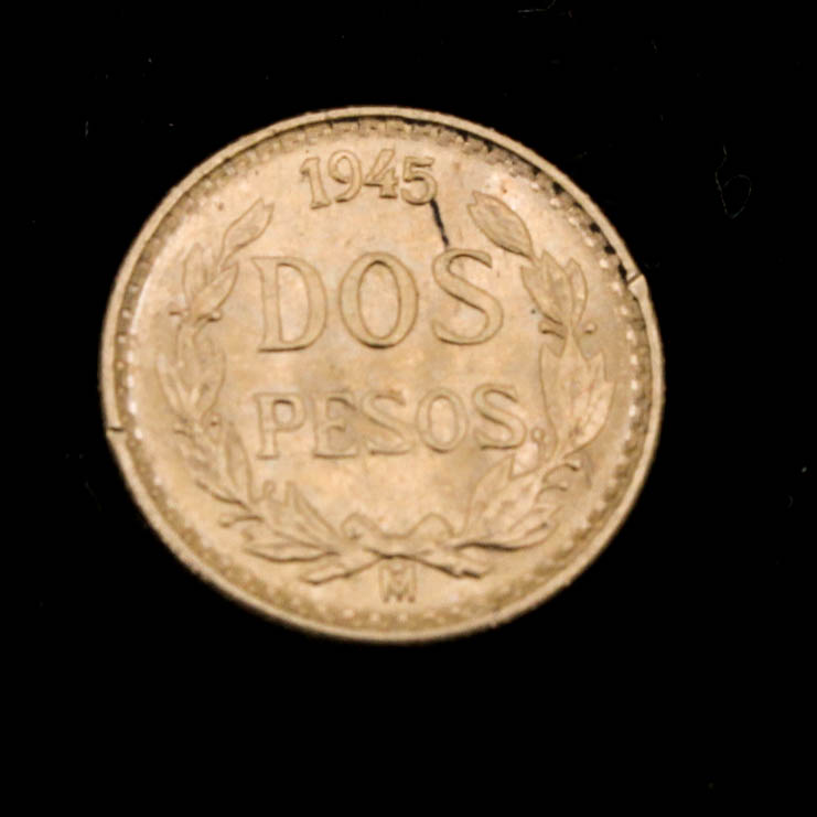 1945 (Restrike) Dos Pesos Gold Coin and 1853 Eureka Arms California Gold Token