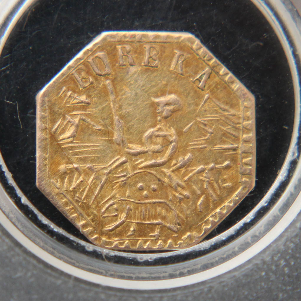 1945 (Restrike) Dos Pesos Gold Coin and 1853 Eureka Arms California Gold Token