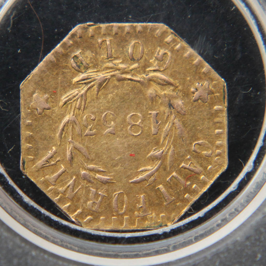 1945 (Restrike) Dos Pesos Gold Coin and 1853 Eureka Arms California Gold Token