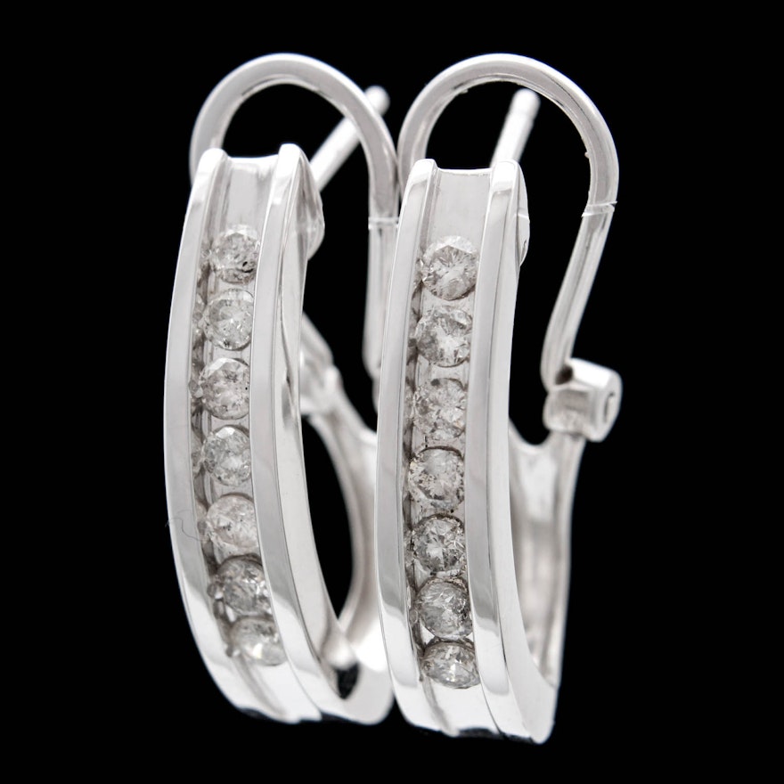 14K White Gold Diamond Hoop Earrings