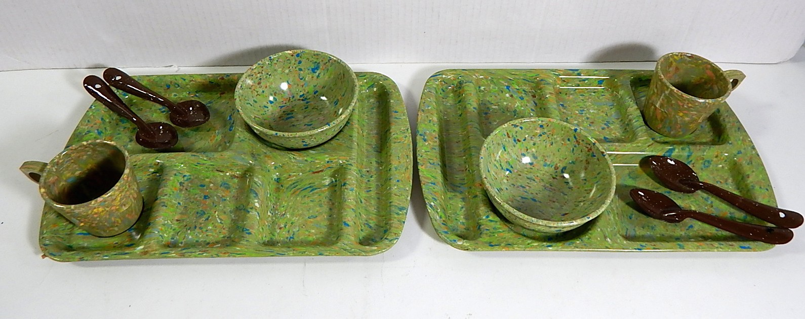 Vintage Prolon Ware Melamine Green Speckled School Lunch Trays and Dishes