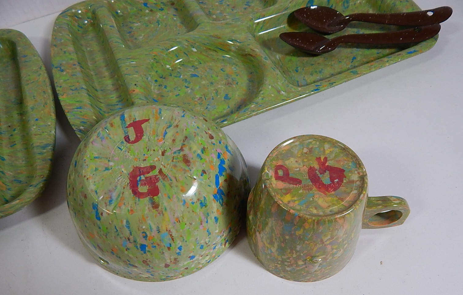 Vintage Prolon Ware Melamine Green Speckled School Lunch Trays and Dishes