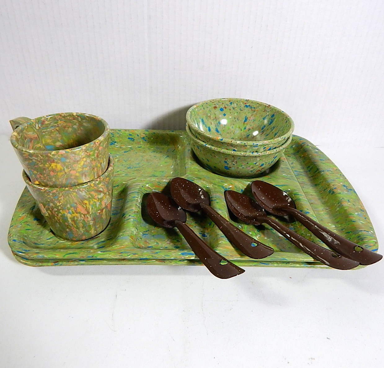 Vintage Prolon Ware Melamine Green Speckled School Lunch Trays and Dishes