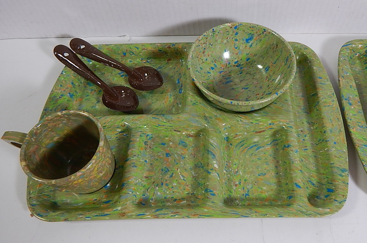 Vintage Prolon Ware Melamine Green Speckled School Lunch Trays and Dishes