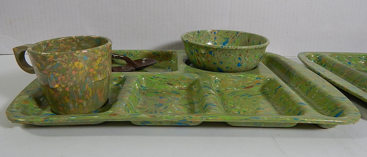 Vintage Prolon Ware Melamine Green Speckled School Lunch Trays and Dishes