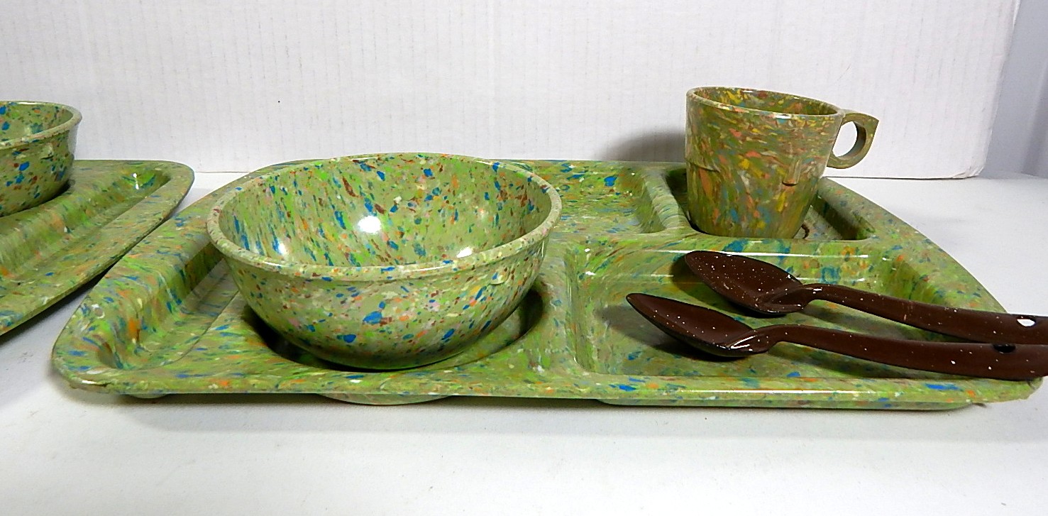 Vintage Prolon Ware Melamine Green Speckled School Lunch Trays and Dishes