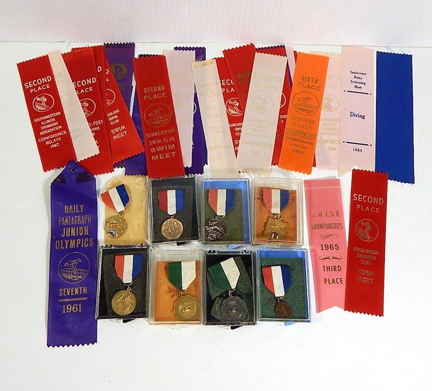 Vintage 1960s Medals and Ribbons for Swimming and Diving - Jr. Olympics