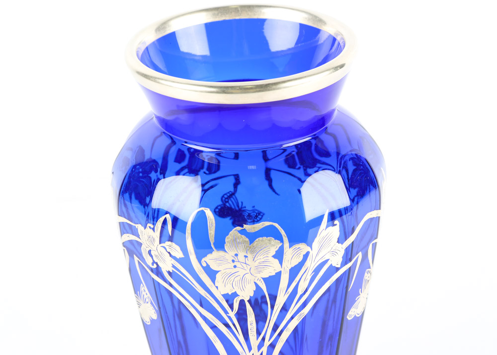 Art Nouveau Style Vase with Sterling Silver Overlay