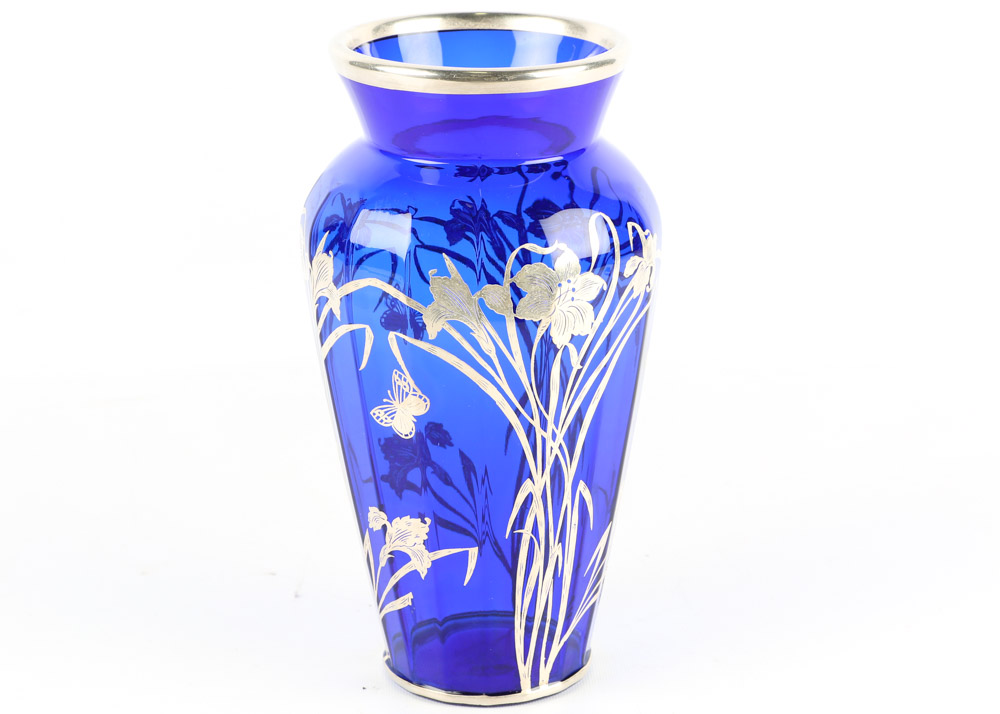 Art Nouveau Style Vase with Sterling Silver Overlay
