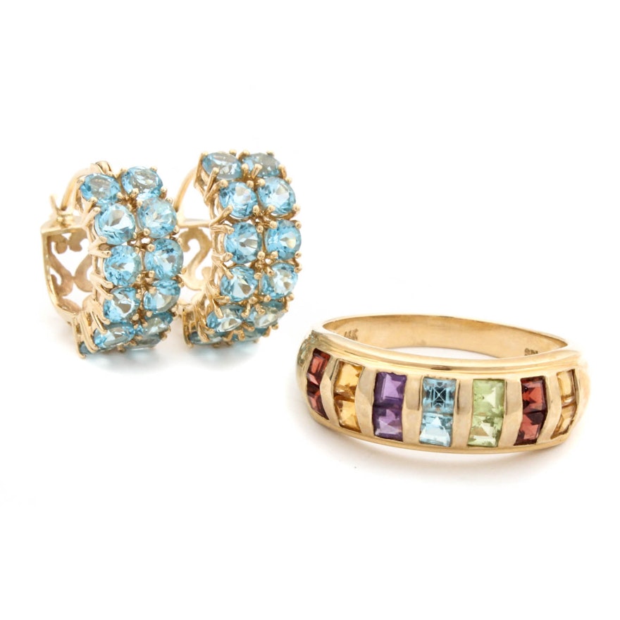 14K Yellow Gold Blue Topaz Earring Hoops and Gemstone Ring