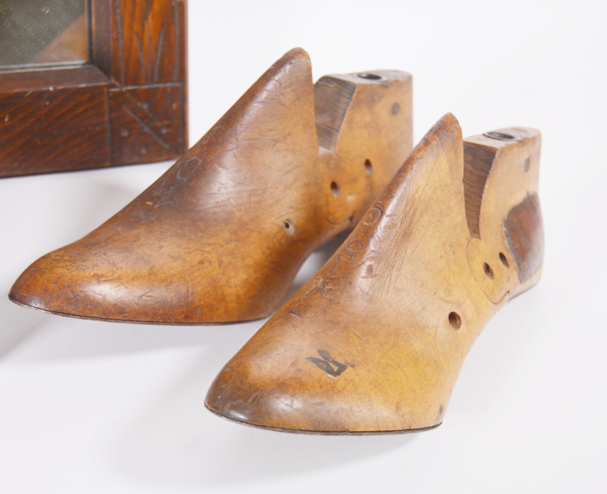 Eastlake Style Wood Mirror, Vintage Shoe Forms and Wood Box