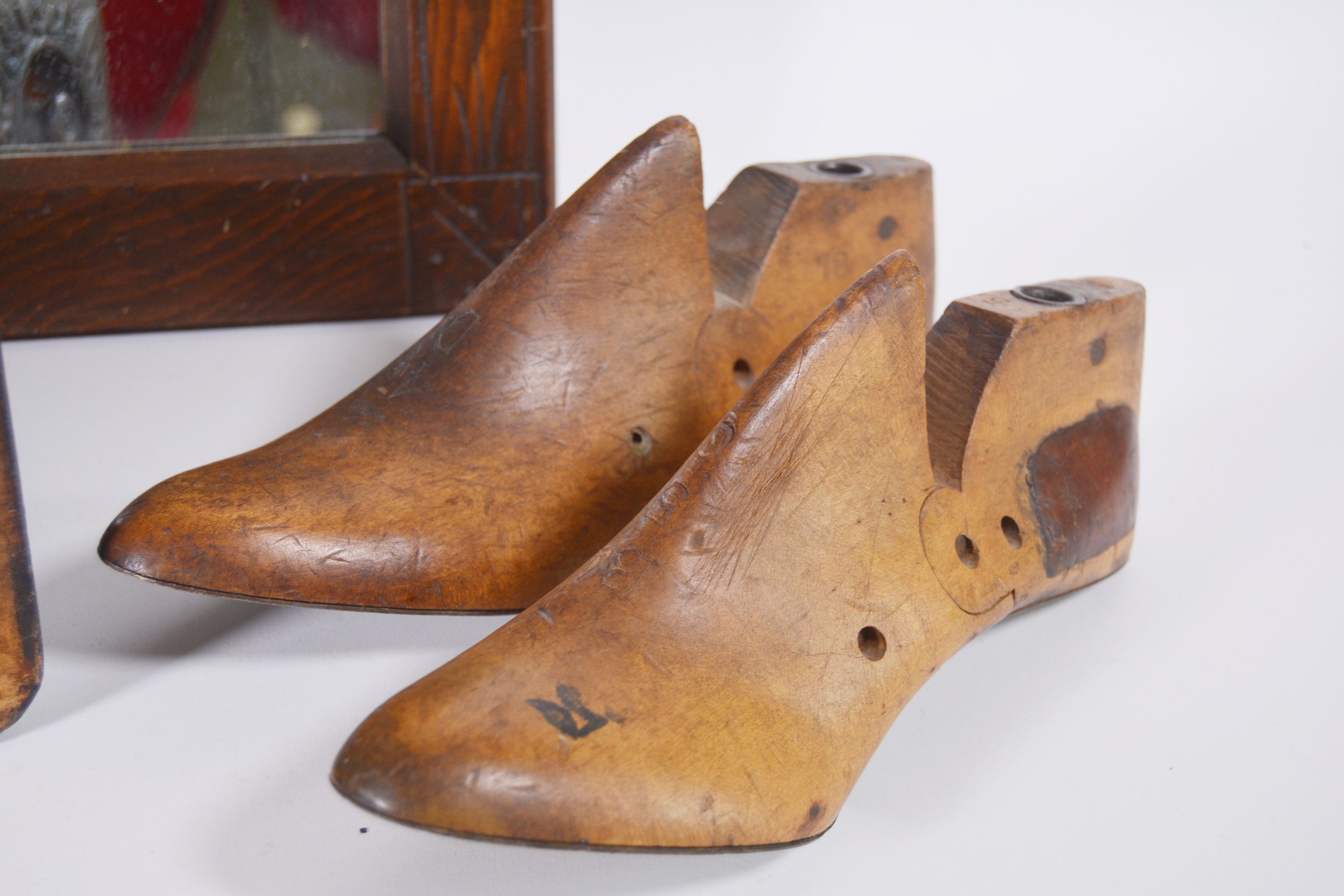 Eastlake Style Wood Mirror, Vintage Shoe Forms and Wood Box