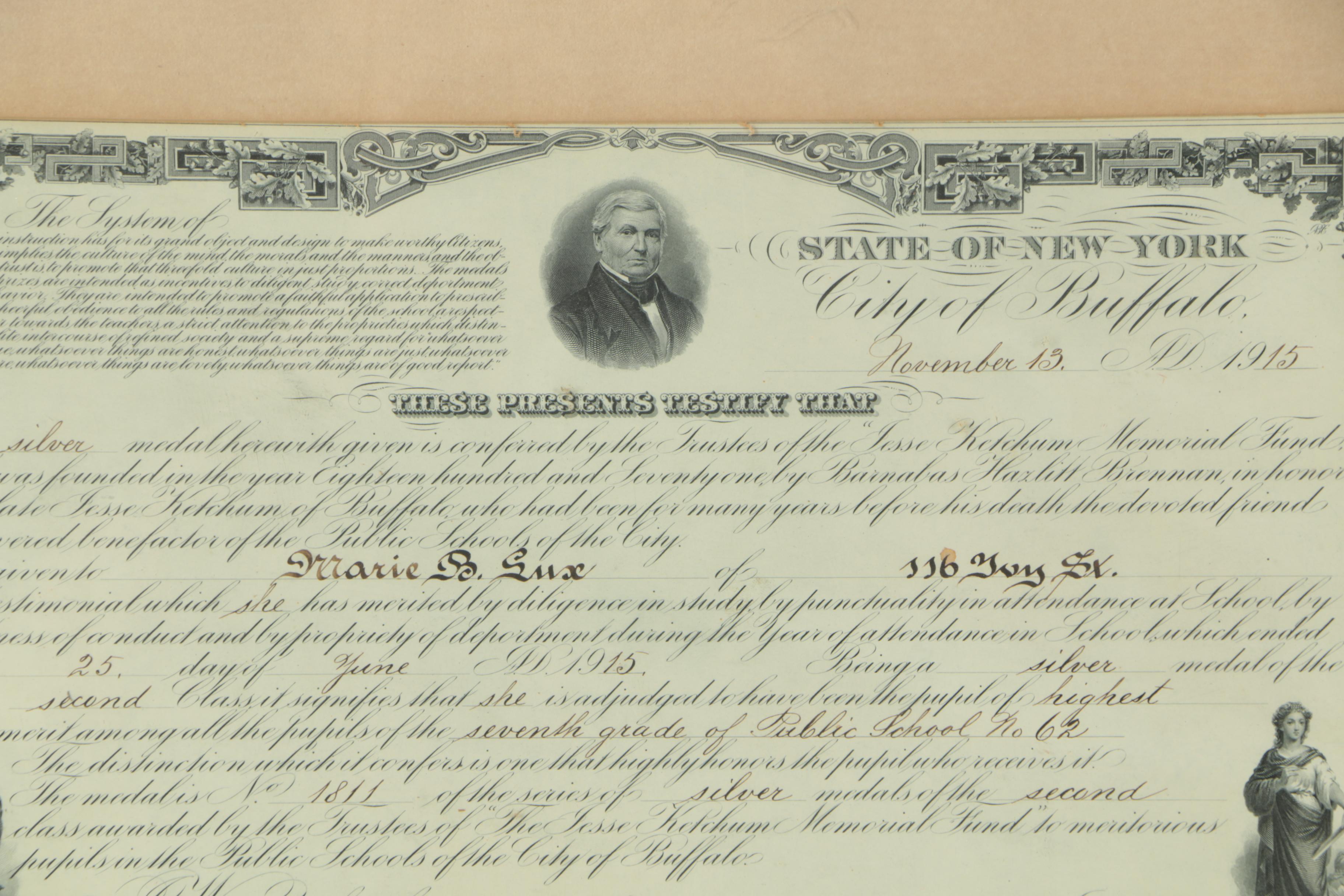 1915 Buffalo, New York, Silver Medal Award School Certificate In Frame