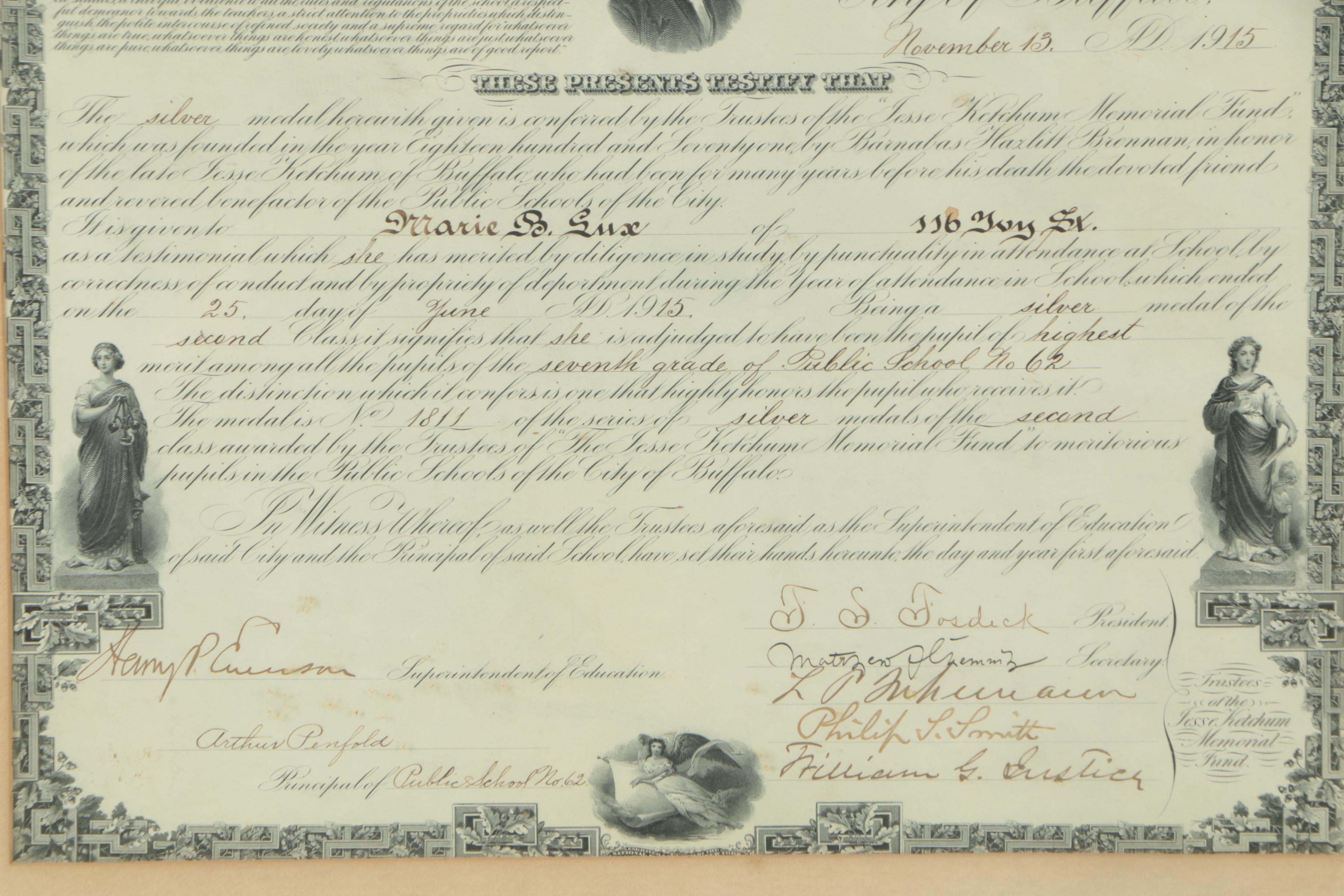 1915 Buffalo, New York, Silver Medal Award School Certificate In Frame