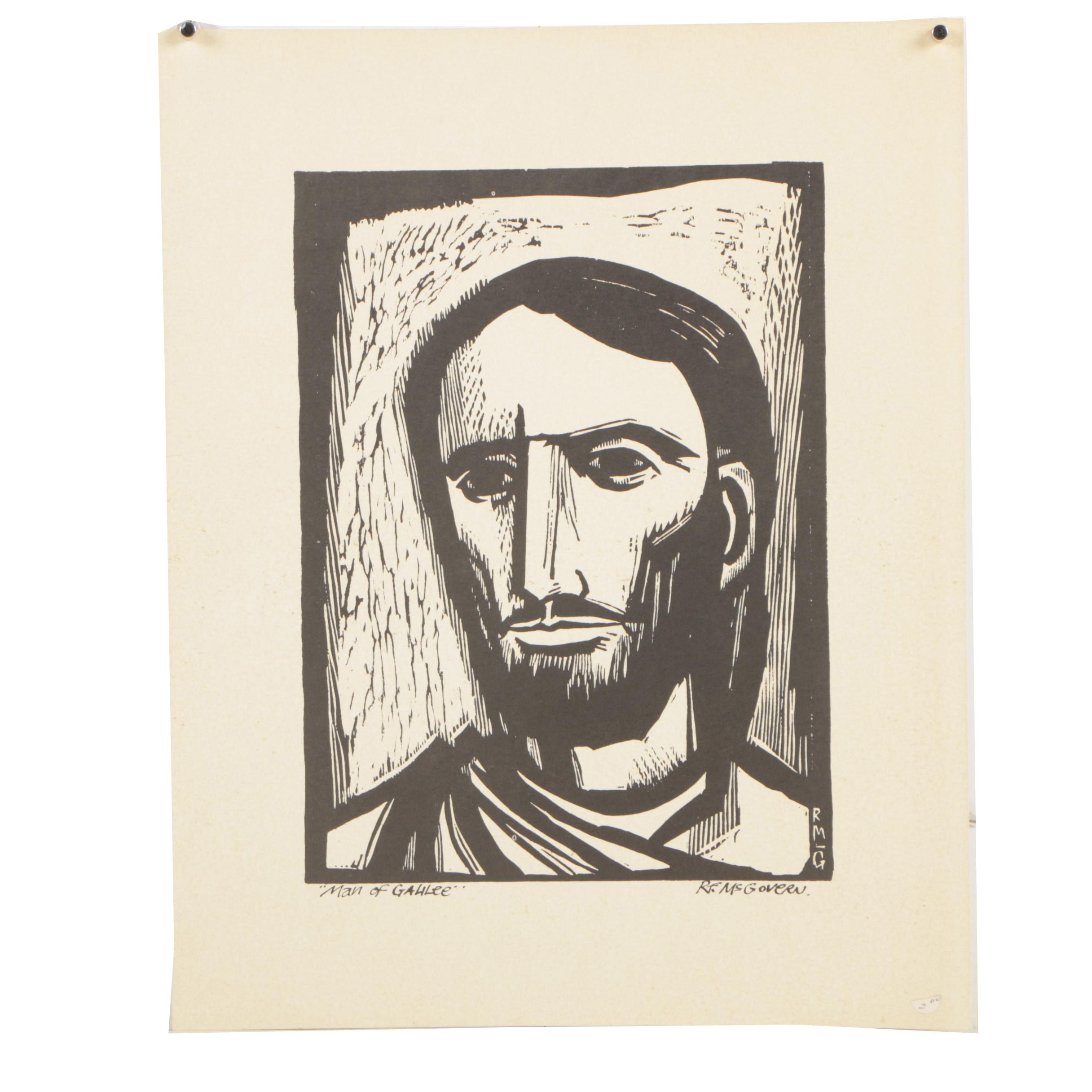 Woodcut Print After Rf. McGovern "Man of Galilee"