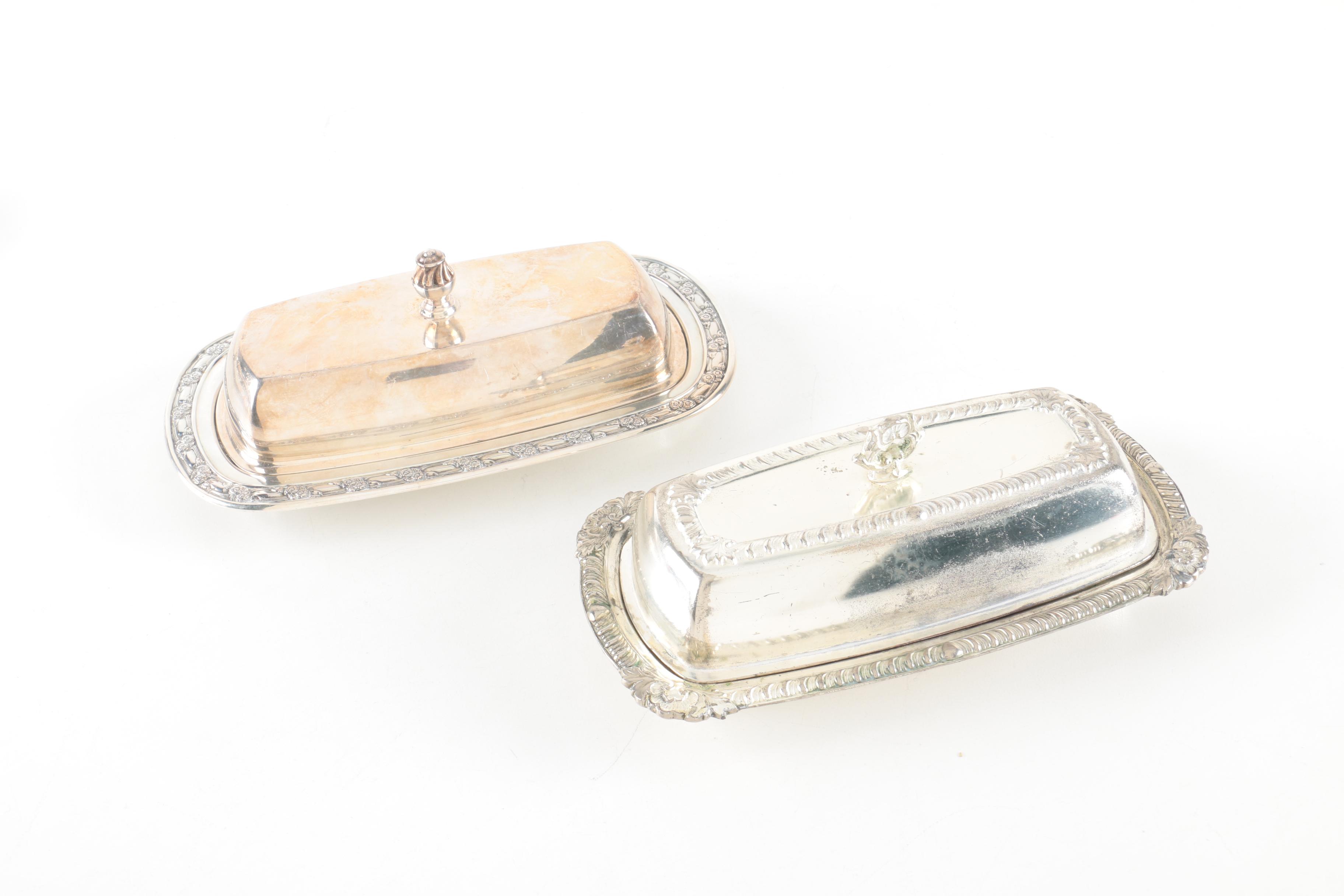 F.B. Rogers Silver Co. and Other Silver Plate Butter Dishes with Glass Inserts