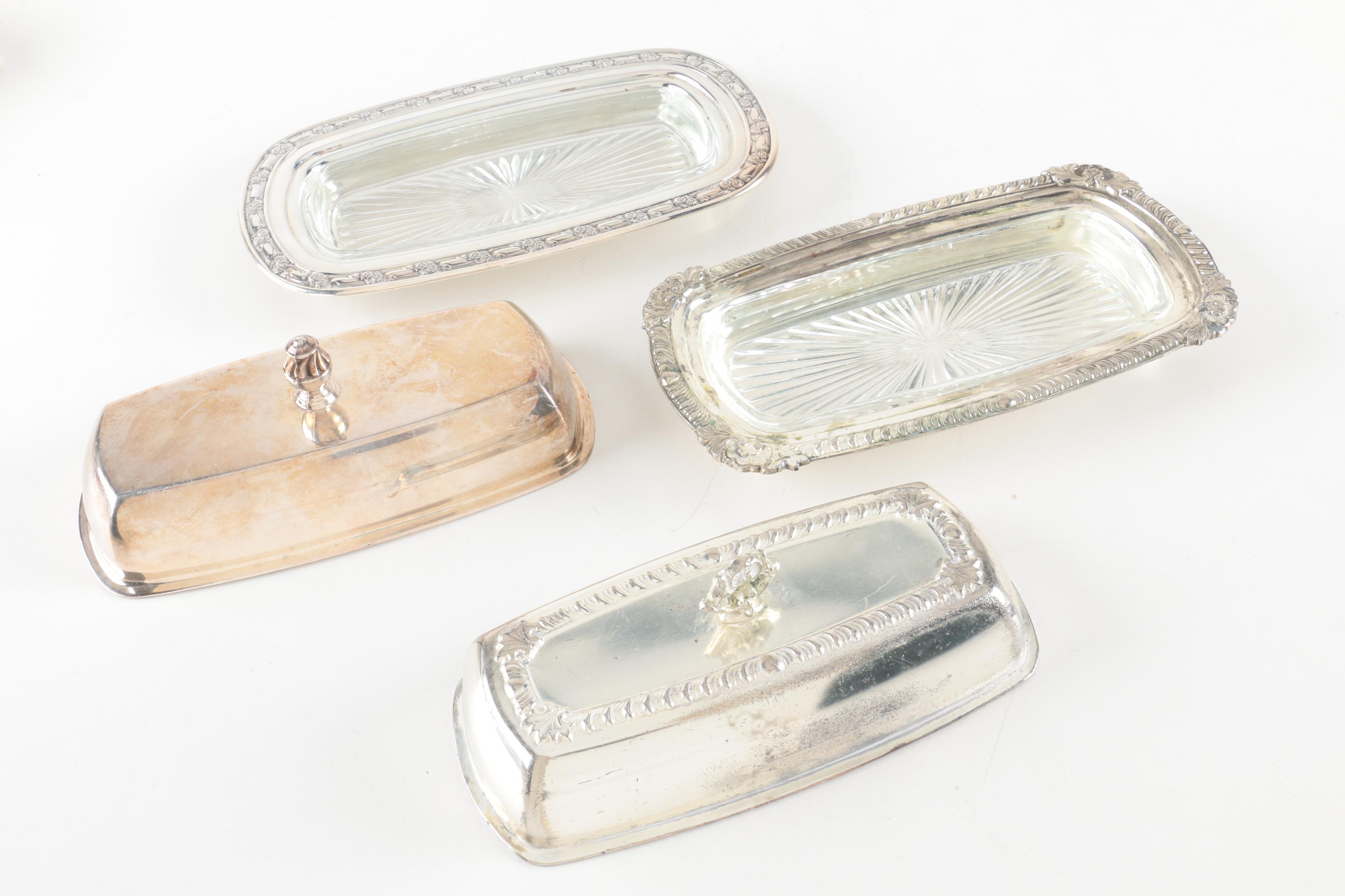 F.B. Rogers Silver Co. and Other Silver Plate Butter Dishes with Glass Inserts