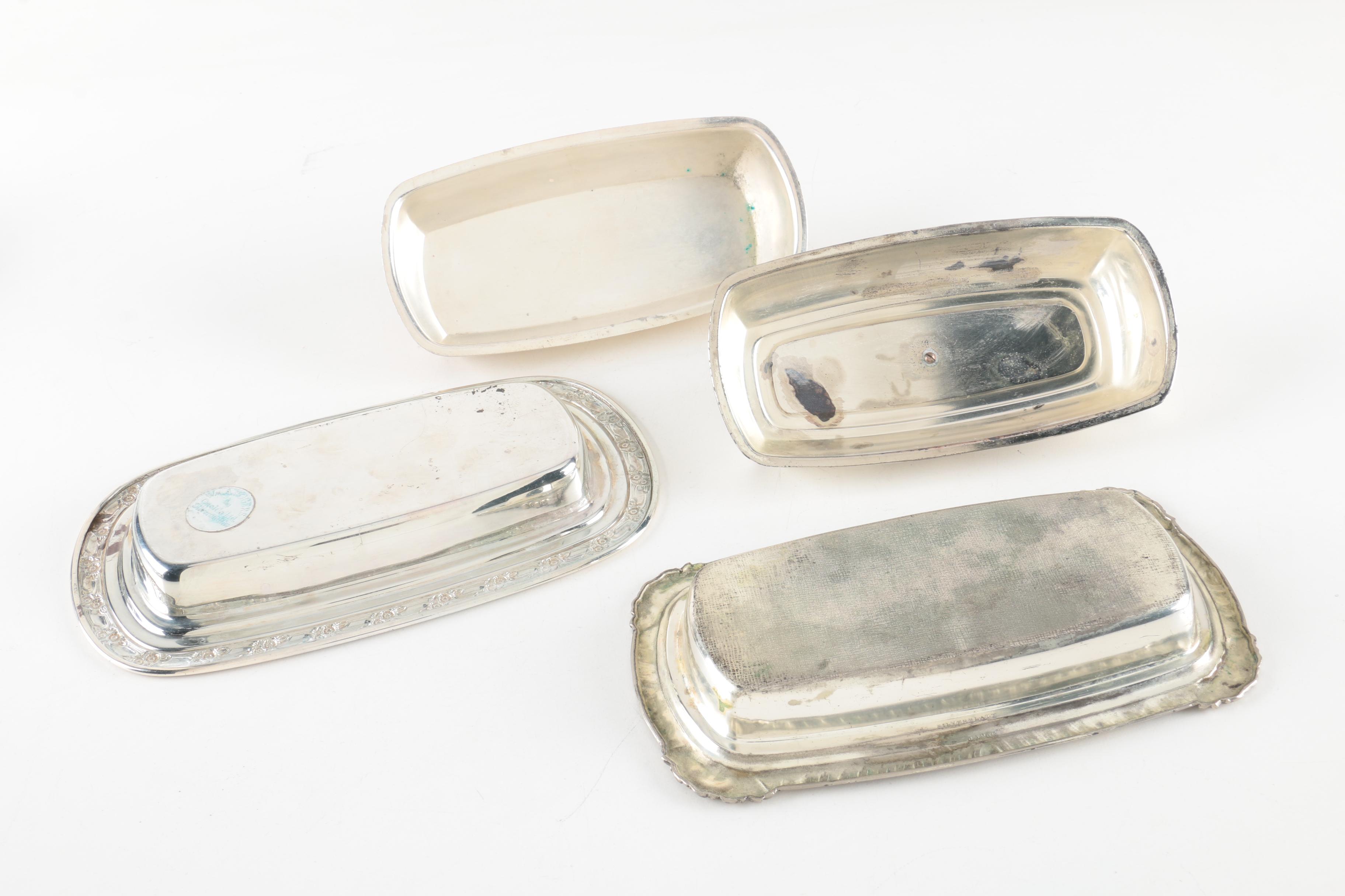 F.B. Rogers Silver Co. and Other Silver Plate Butter Dishes with Glass Inserts