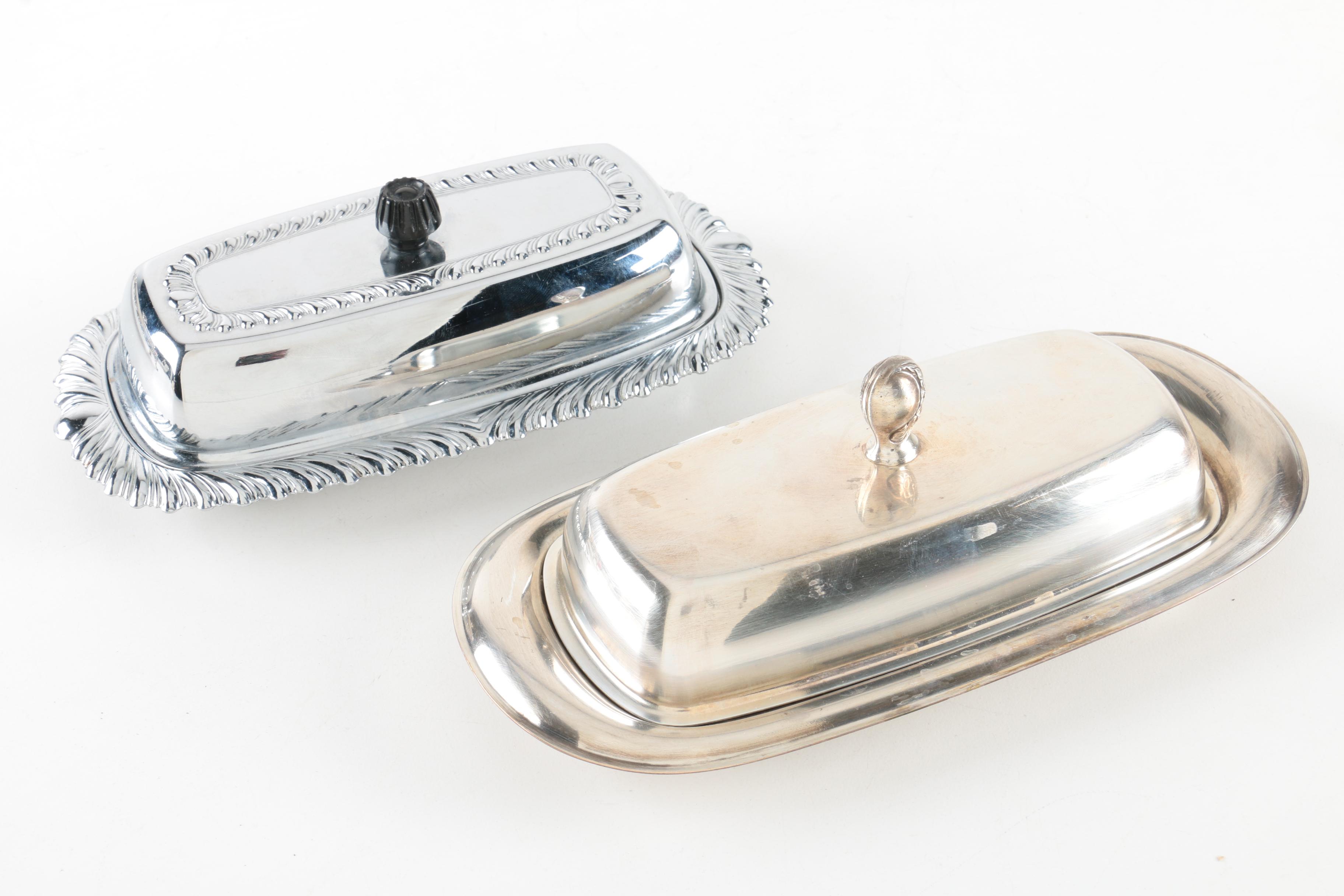 F.B. Rogers Silver Co. and Other Silver Plate Butter Dishes with Glass Inserts