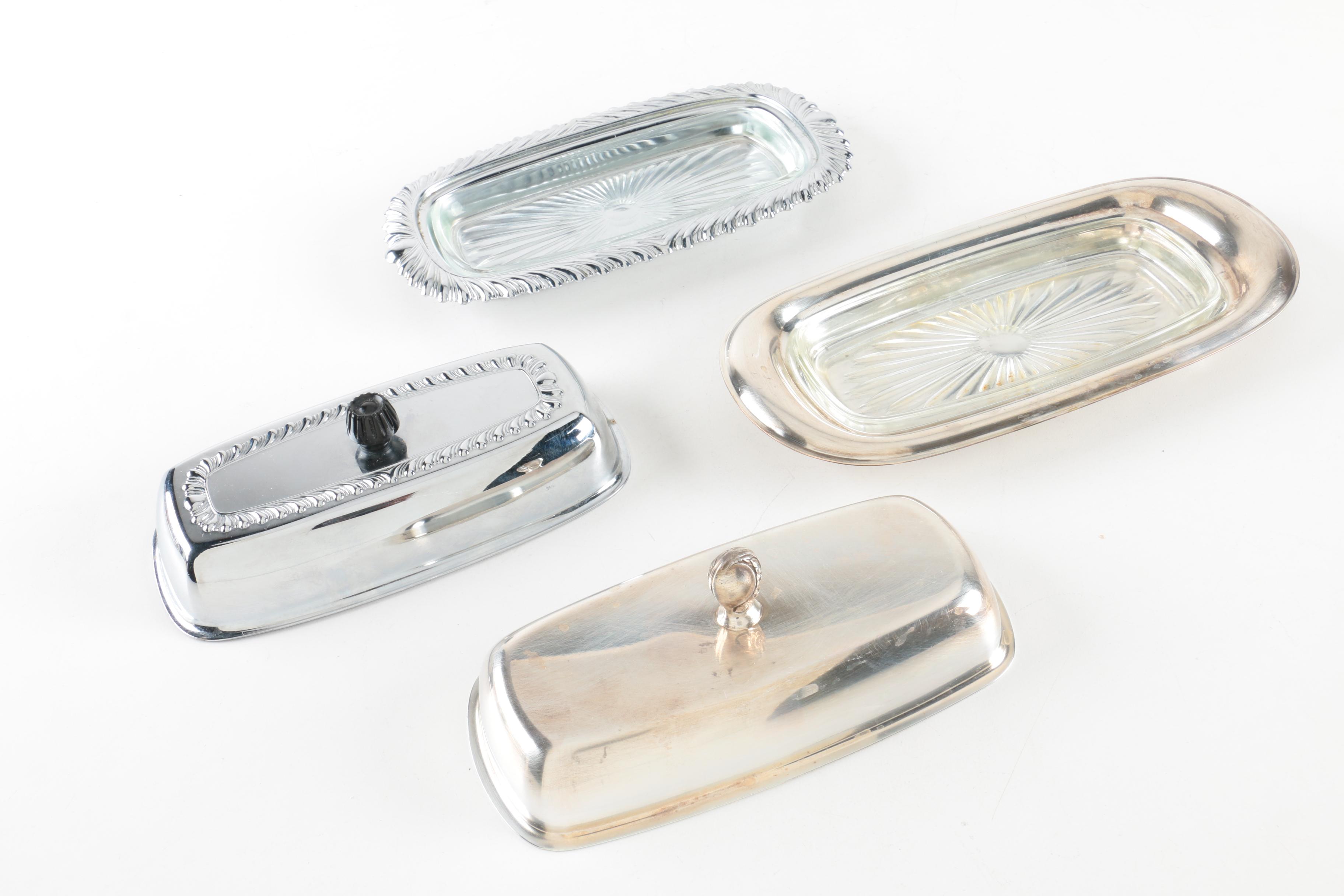 F.B. Rogers Silver Co. and Other Silver Plate Butter Dishes with Glass Inserts