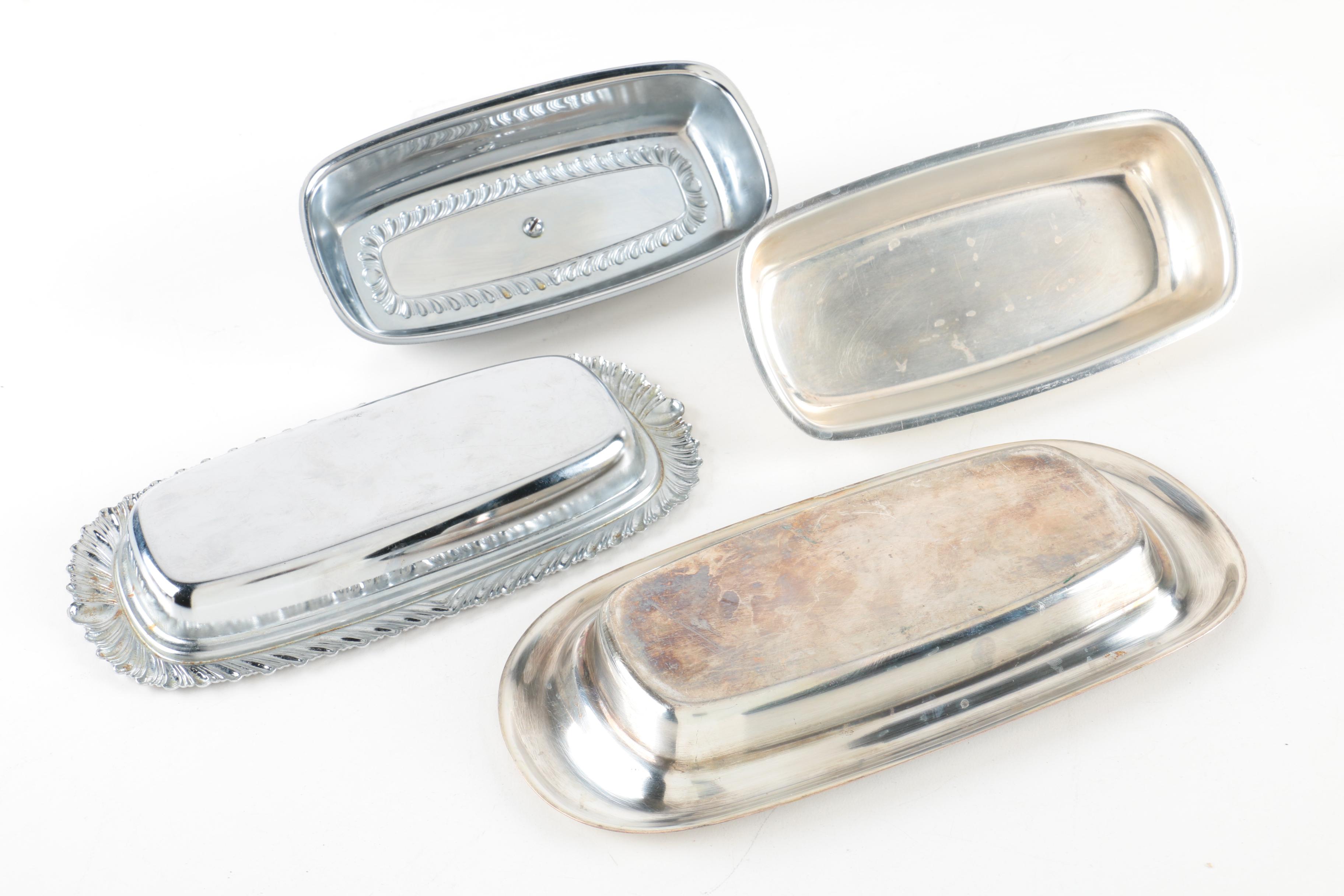 F.B. Rogers Silver Co. and Other Silver Plate Butter Dishes with Glass Inserts