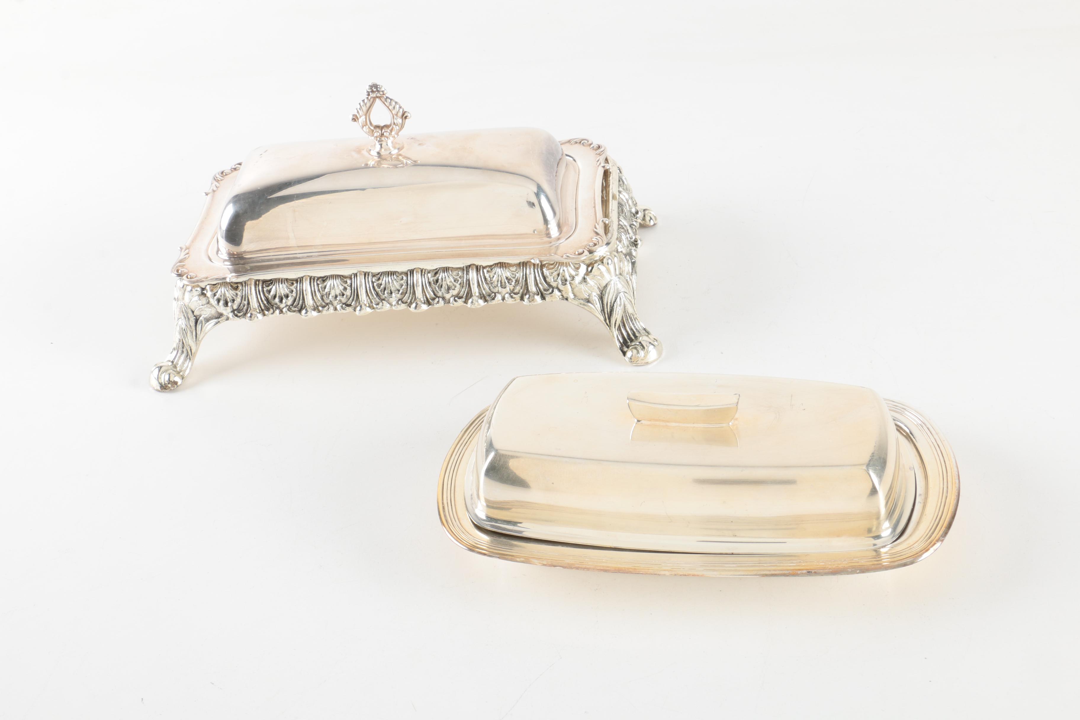 F.B. Rogers Silver Co. and Other Silver Plate Butter Dishes with Glass Inserts