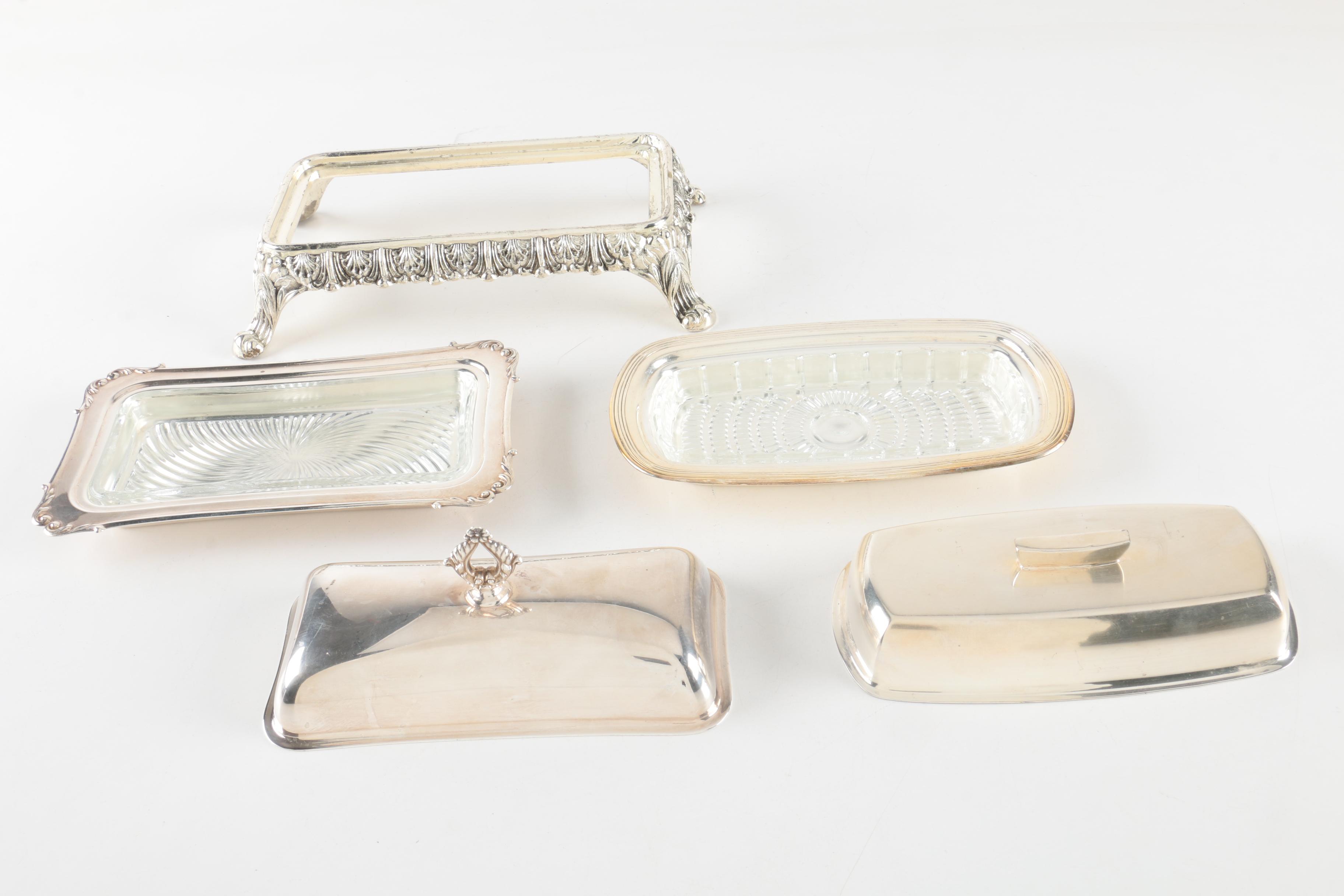 F.B. Rogers Silver Co. and Other Silver Plate Butter Dishes with Glass Inserts