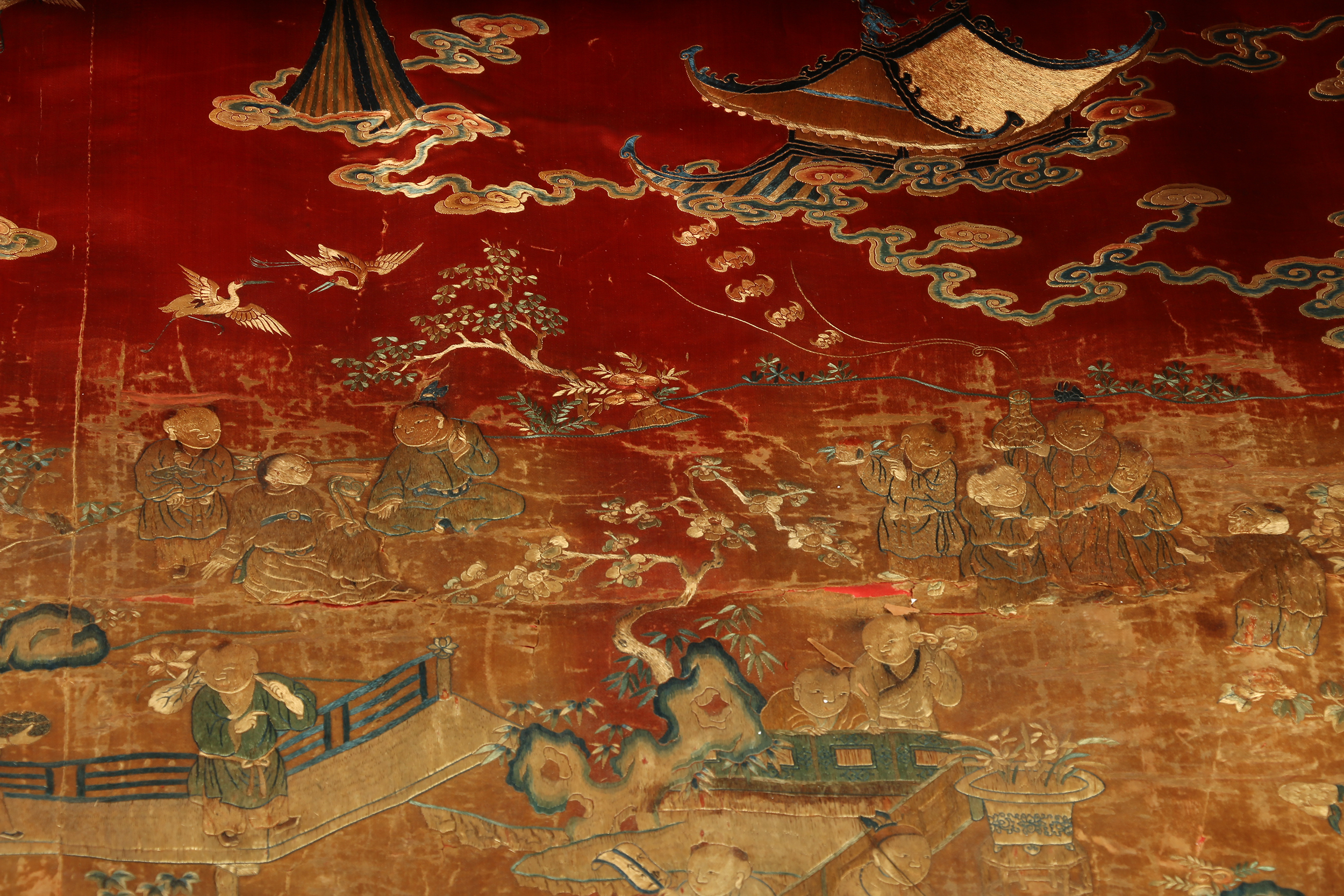 Monumental Qianlong Period Baizitu Hundred Boys Embroidered Tapestry