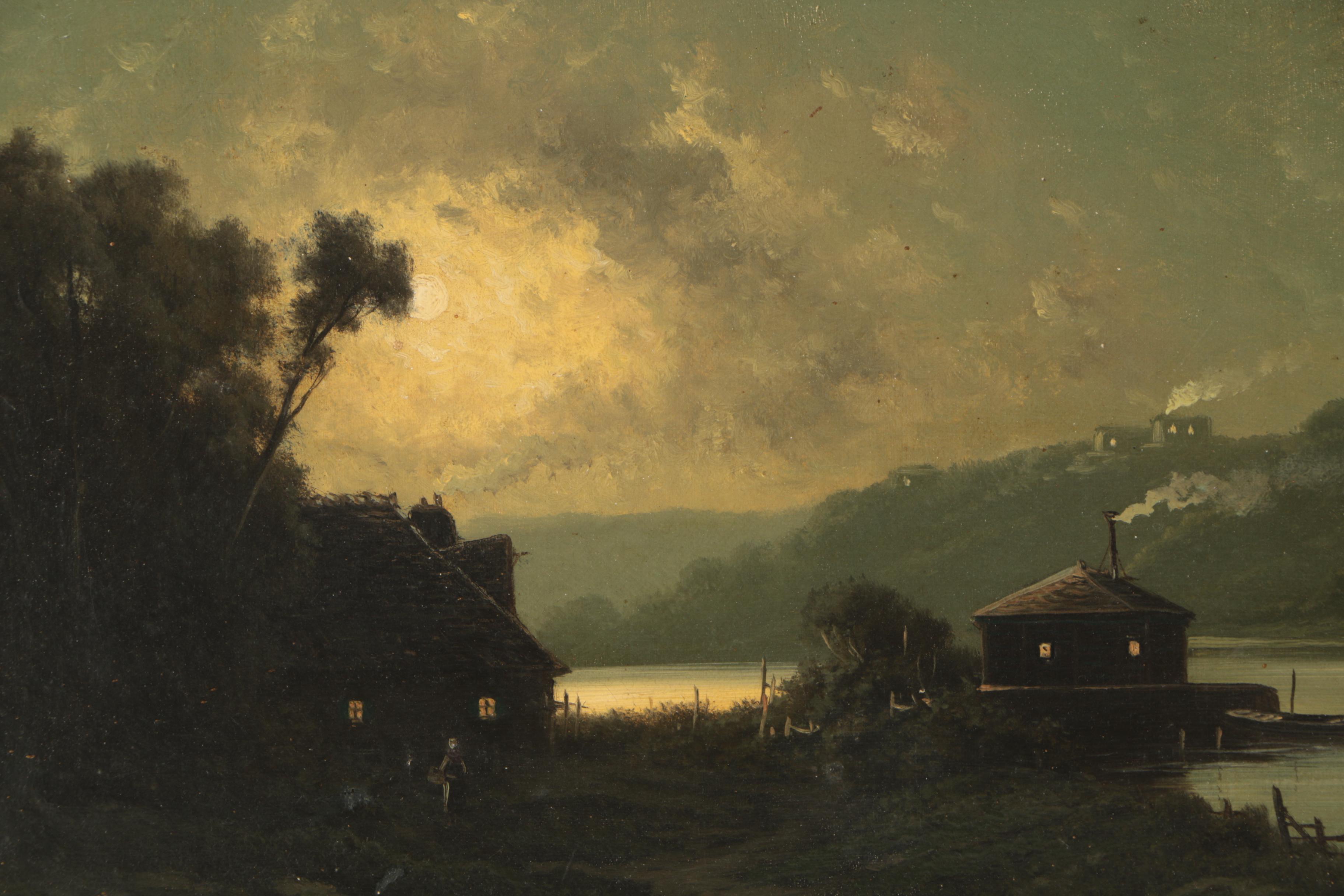 Robert Stuart Antique Oil Painting of Morning Lakeside Scene