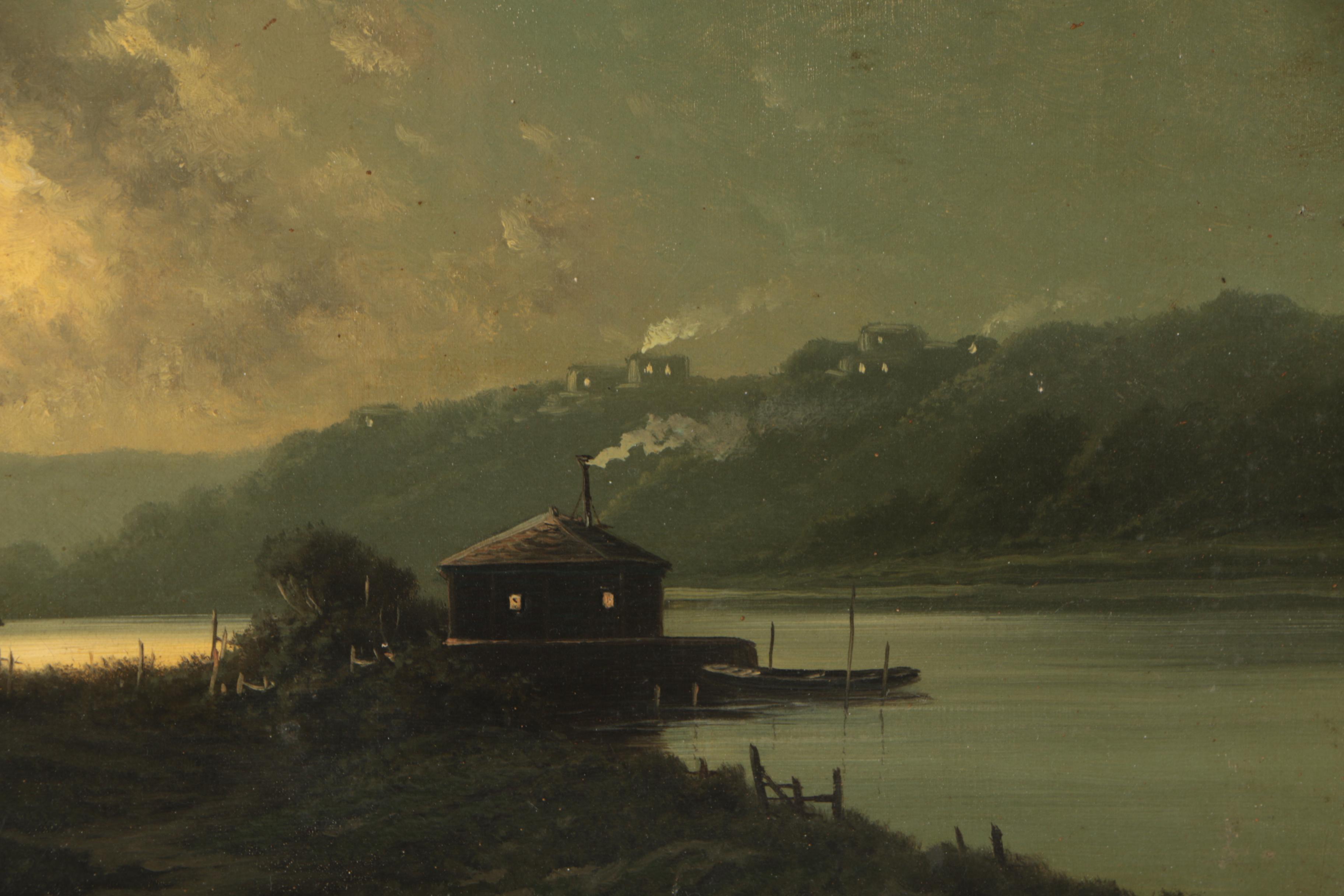 Robert Stuart Antique Oil Painting of Morning Lakeside Scene