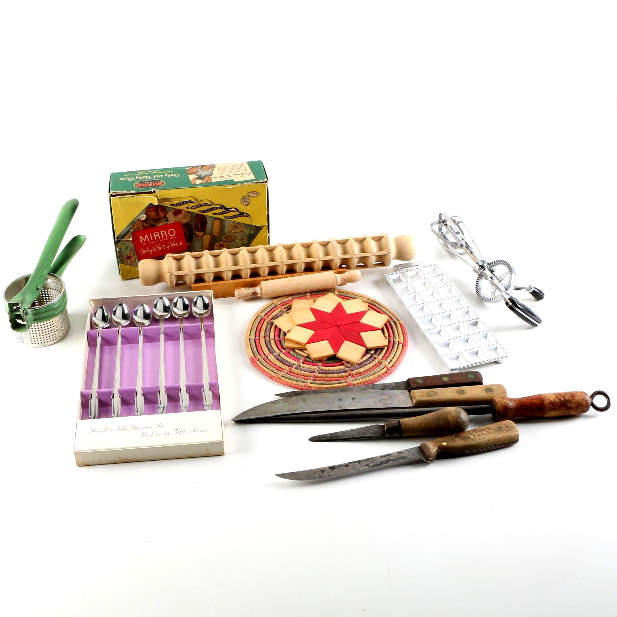 Vintage Kitchen Gadgets Including Mirro Aluminum Pastry Press