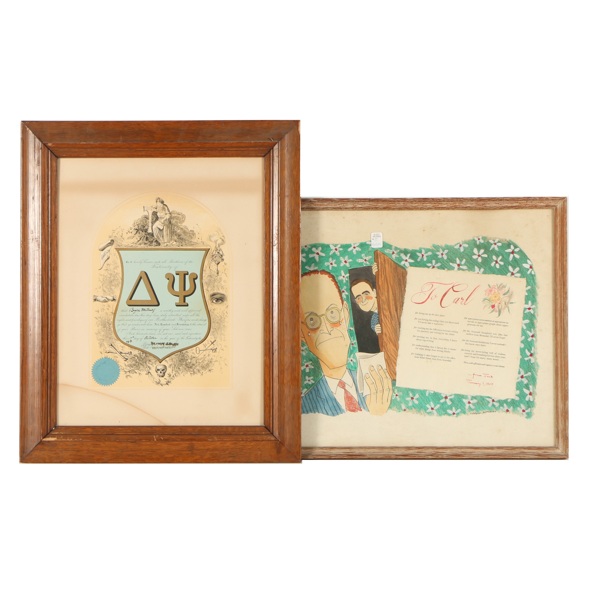 Alphonse Normandia 1950 Mixed Media Illustration and 1890s Delta Psi Certificate