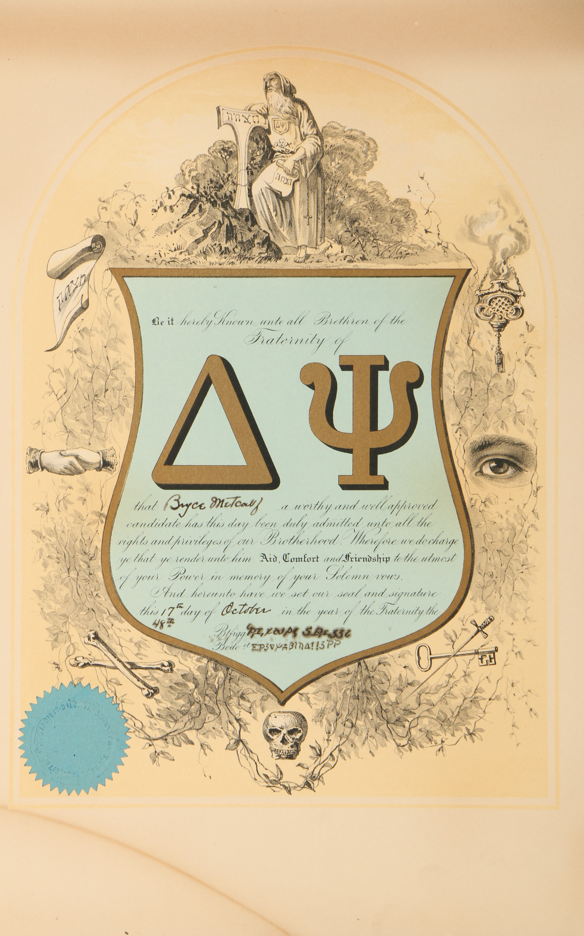 Alphonse Normandia 1950 Mixed Media Illustration and 1890s Delta Psi Certificate