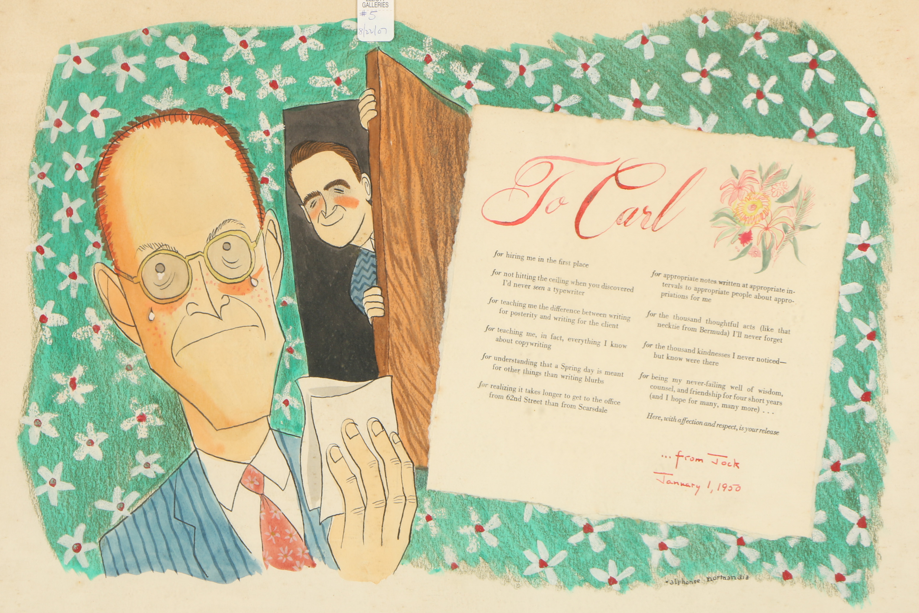 Alphonse Normandia 1950 Mixed Media Illustration and 1890s Delta Psi Certificate