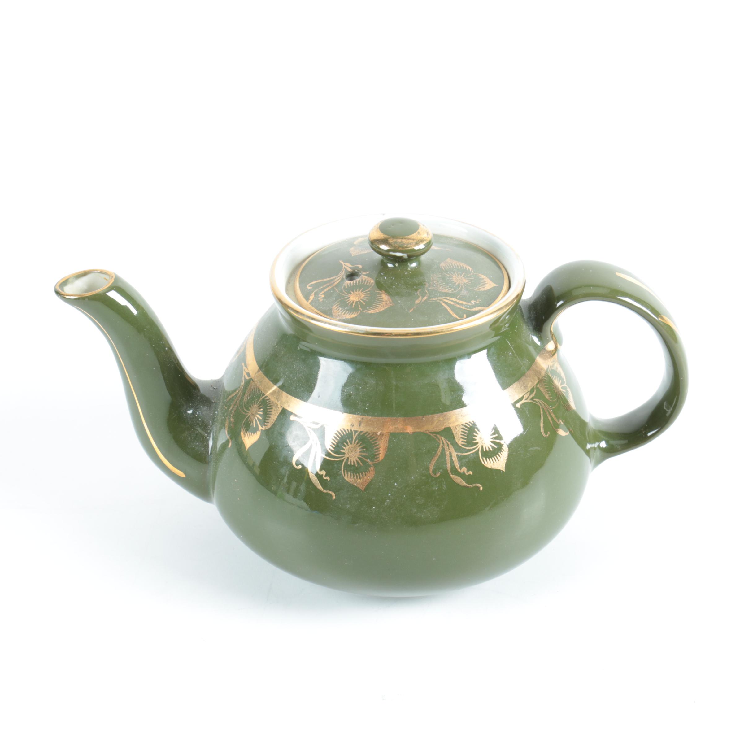 Vintage Hall Pottery Green Teapot with Gold Flowers
