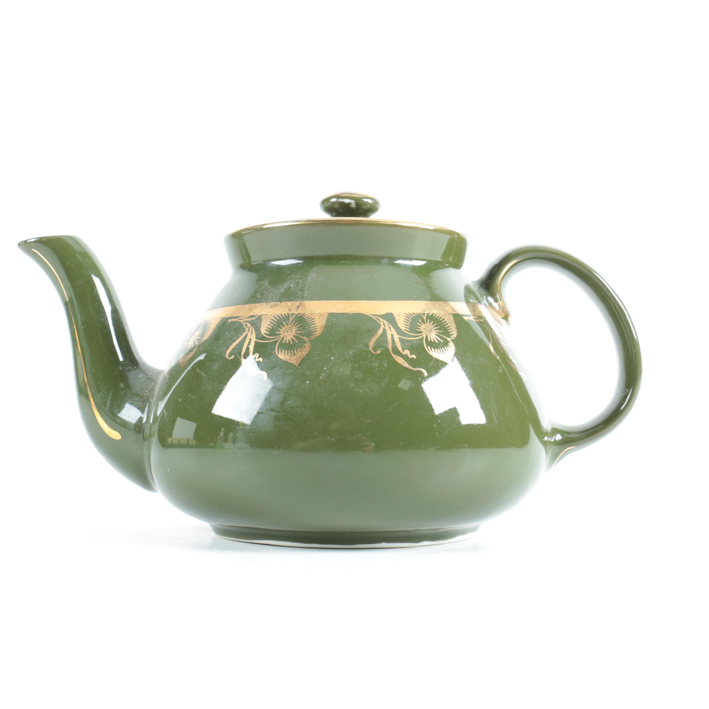 Vintage Hall Pottery Green Teapot with Gold Flowers