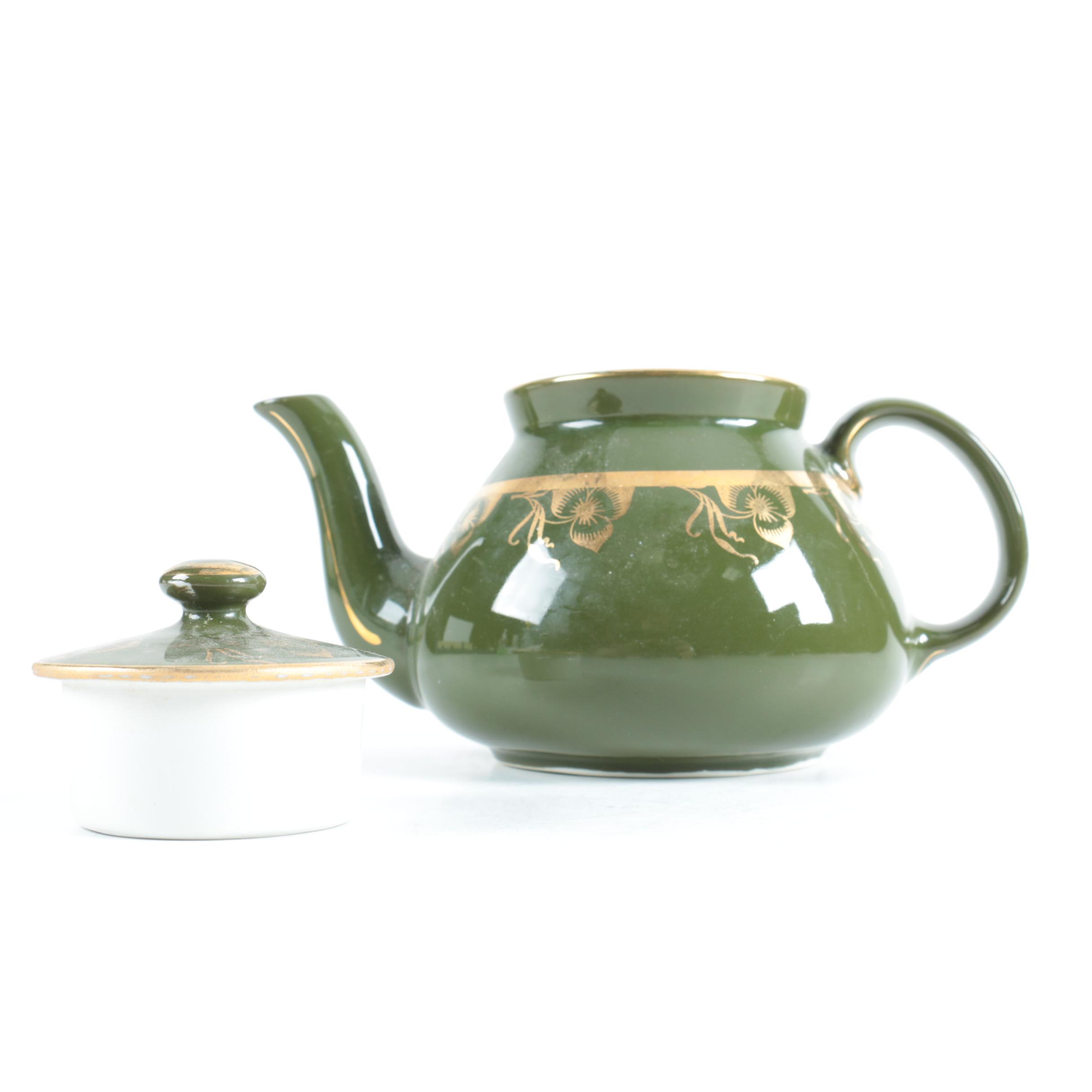 Vintage Hall Pottery Green Teapot with Gold Flowers