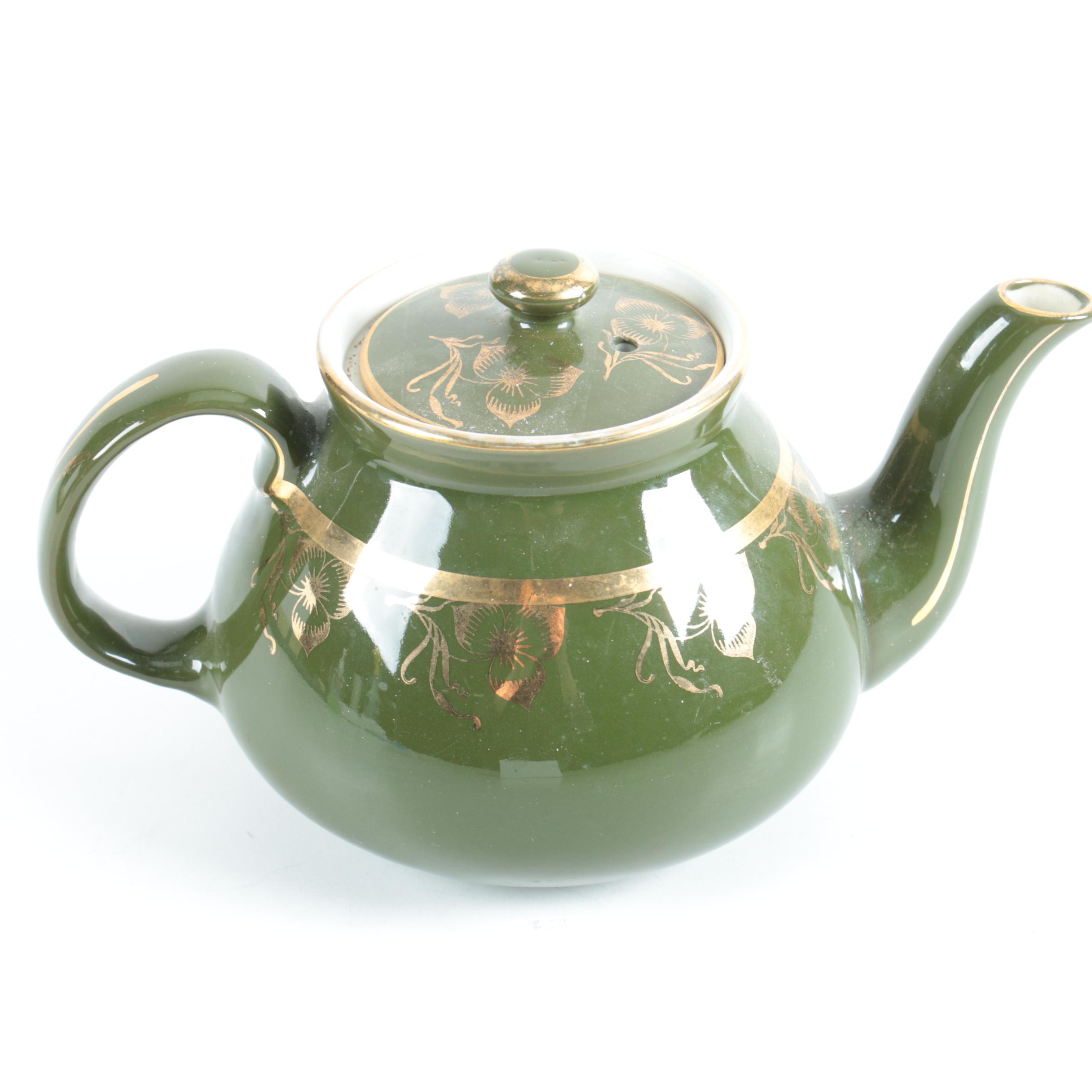 Vintage Hall Pottery Green Teapot with Gold Flowers