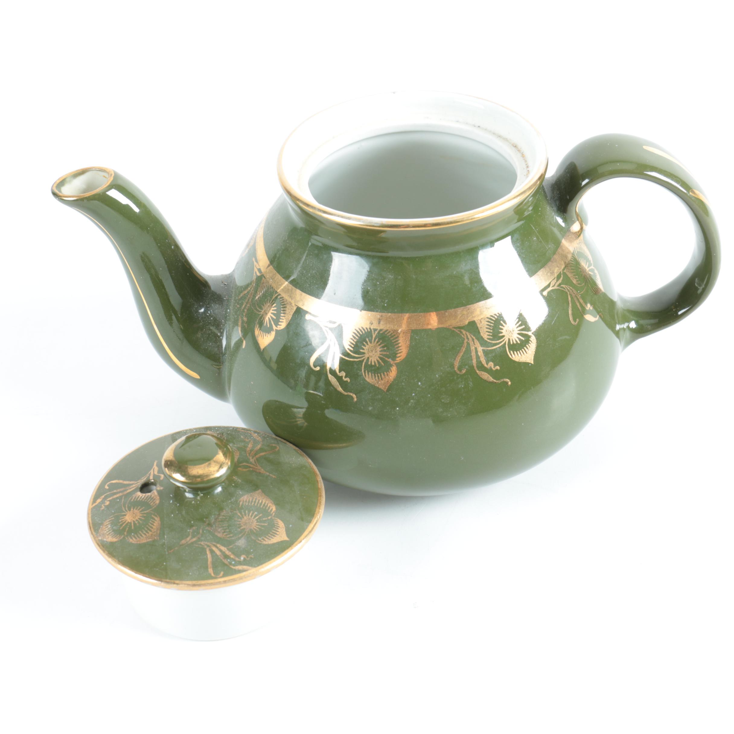 Vintage Hall Pottery Green Teapot with Gold Flowers
