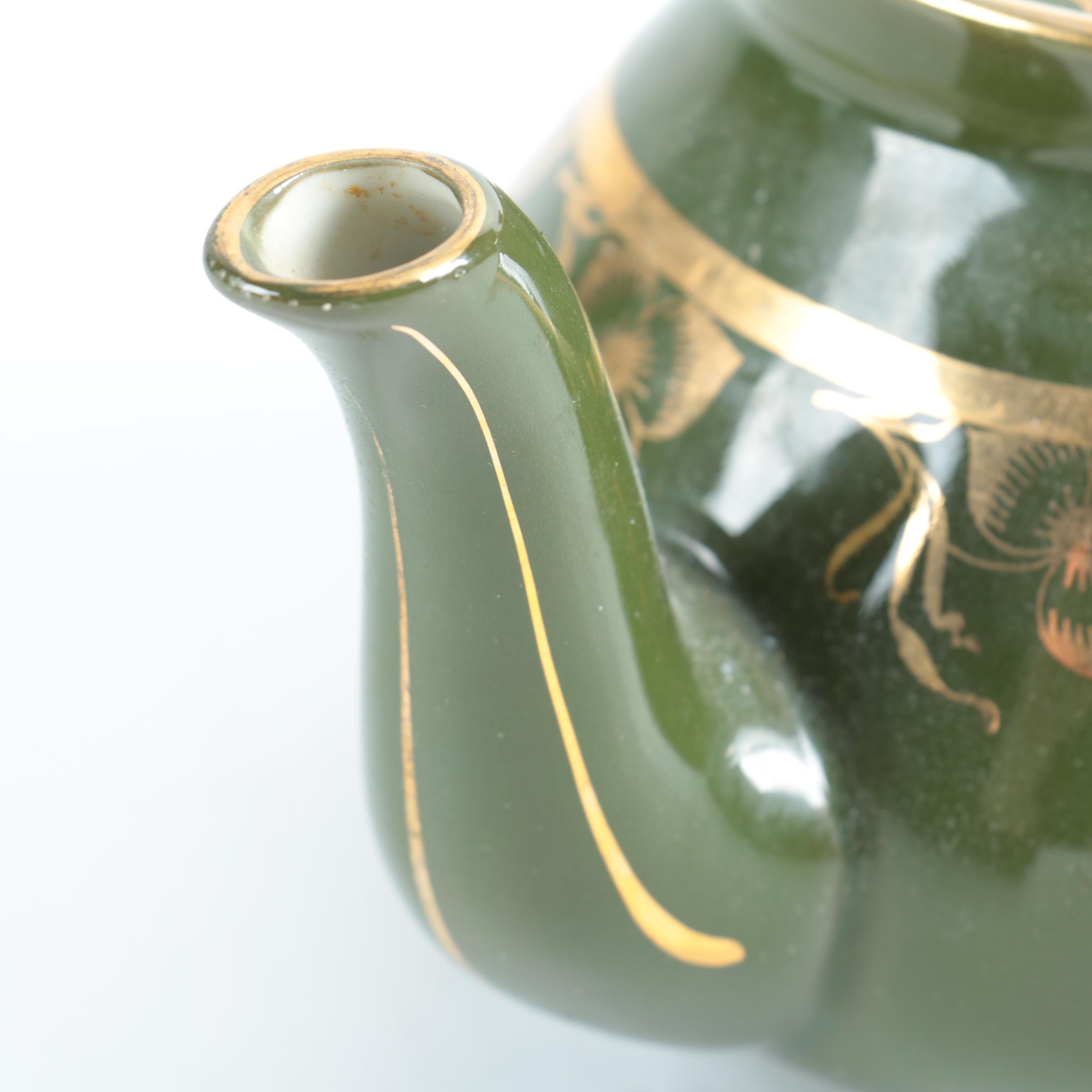 Vintage Hall Pottery Green Teapot with Gold Flowers