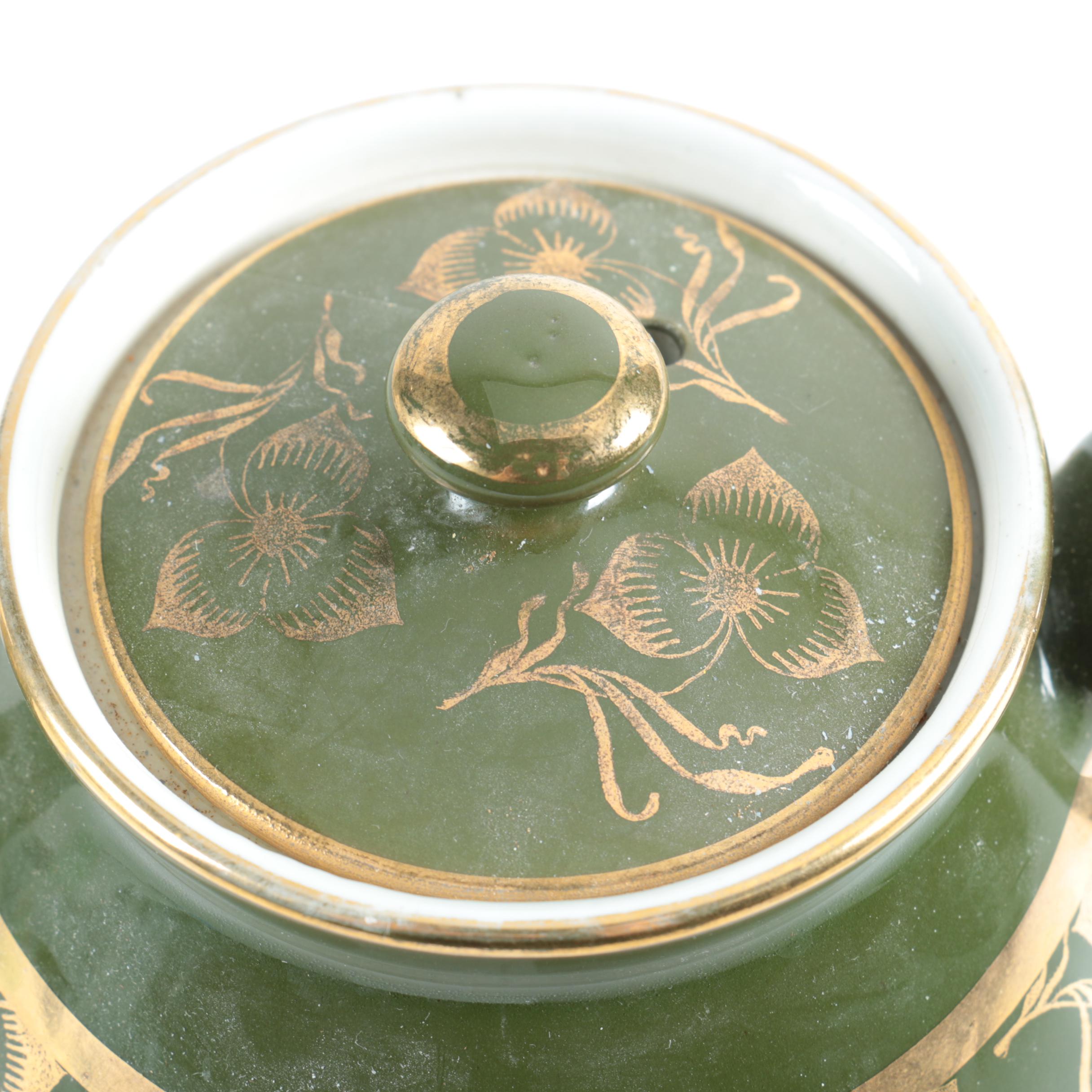 Vintage Hall Pottery Green Teapot with Gold Flowers