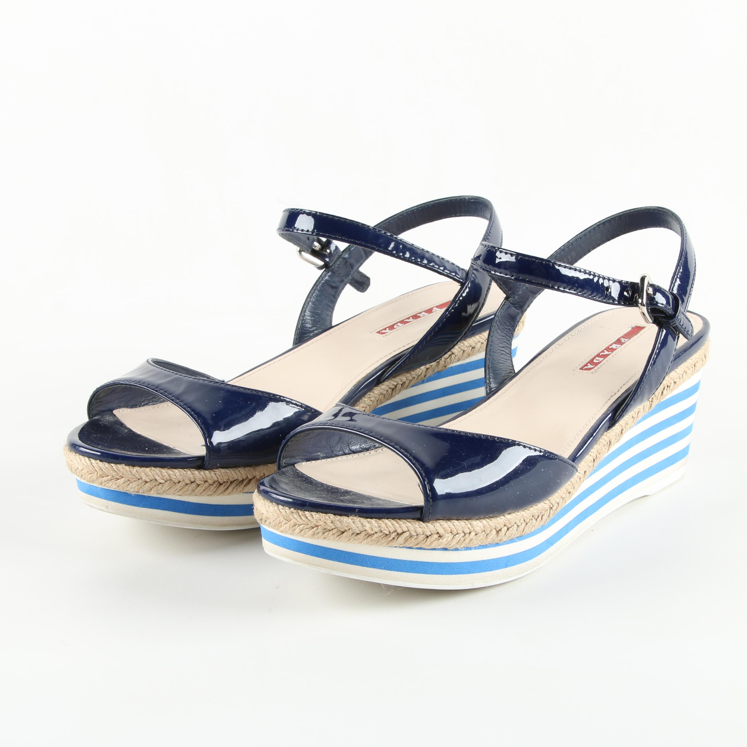Prada Blue Patent Leather Platform Sandals