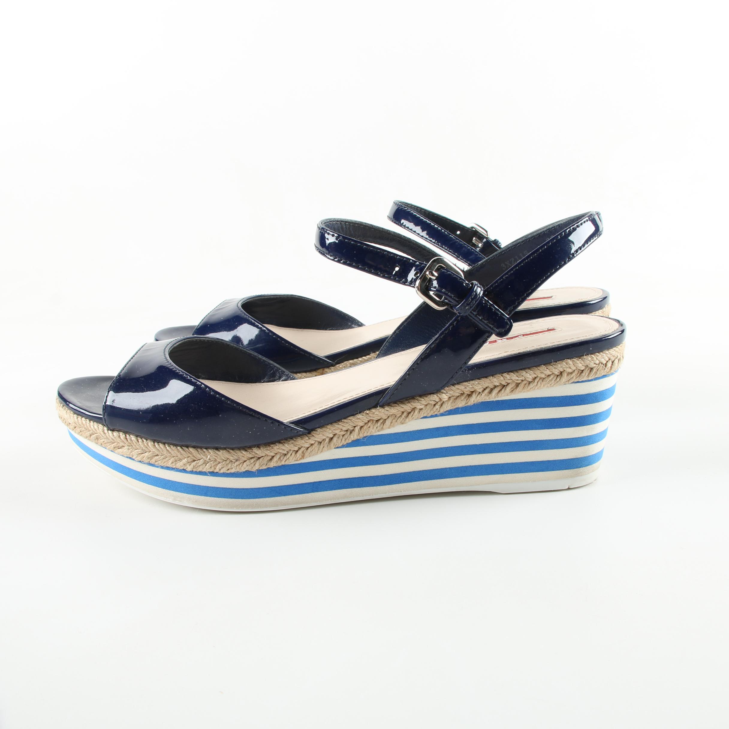 Prada Blue Patent Leather Platform Sandals
